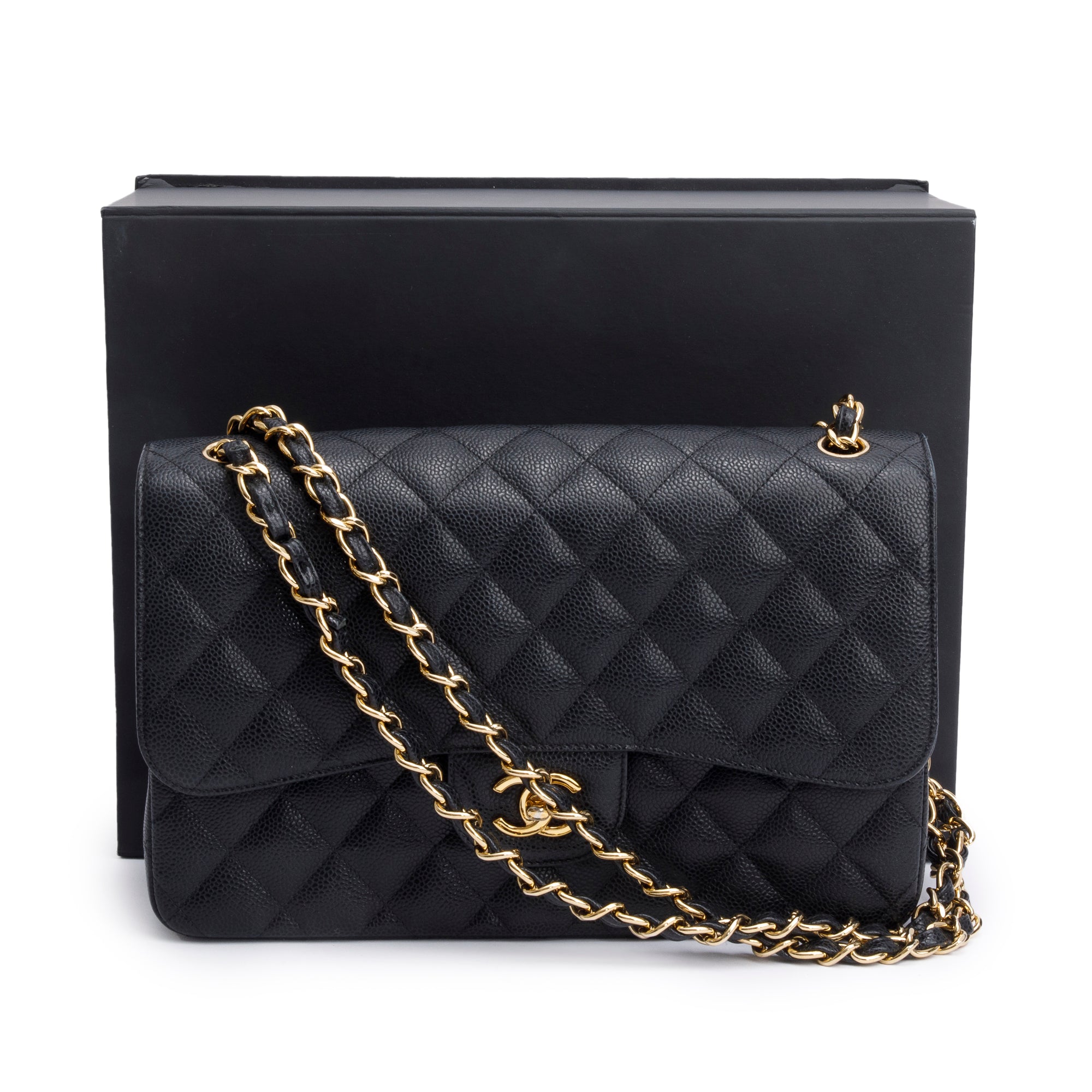 Chanel Black Quilted Caviar Leather Classic Jumbo Double Flap Bag w/ Box & Authenticity Card
