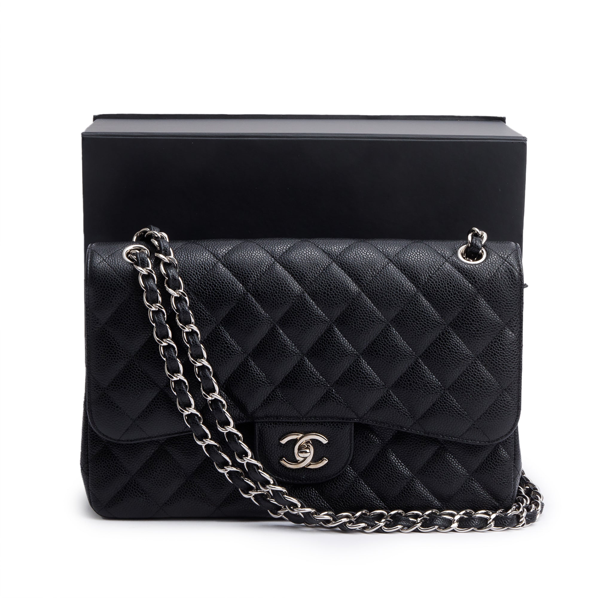 Chanel Black Quilted Caviar Leather Classic Jumbo Double Flap Bag w/ Box & Authenticity Card