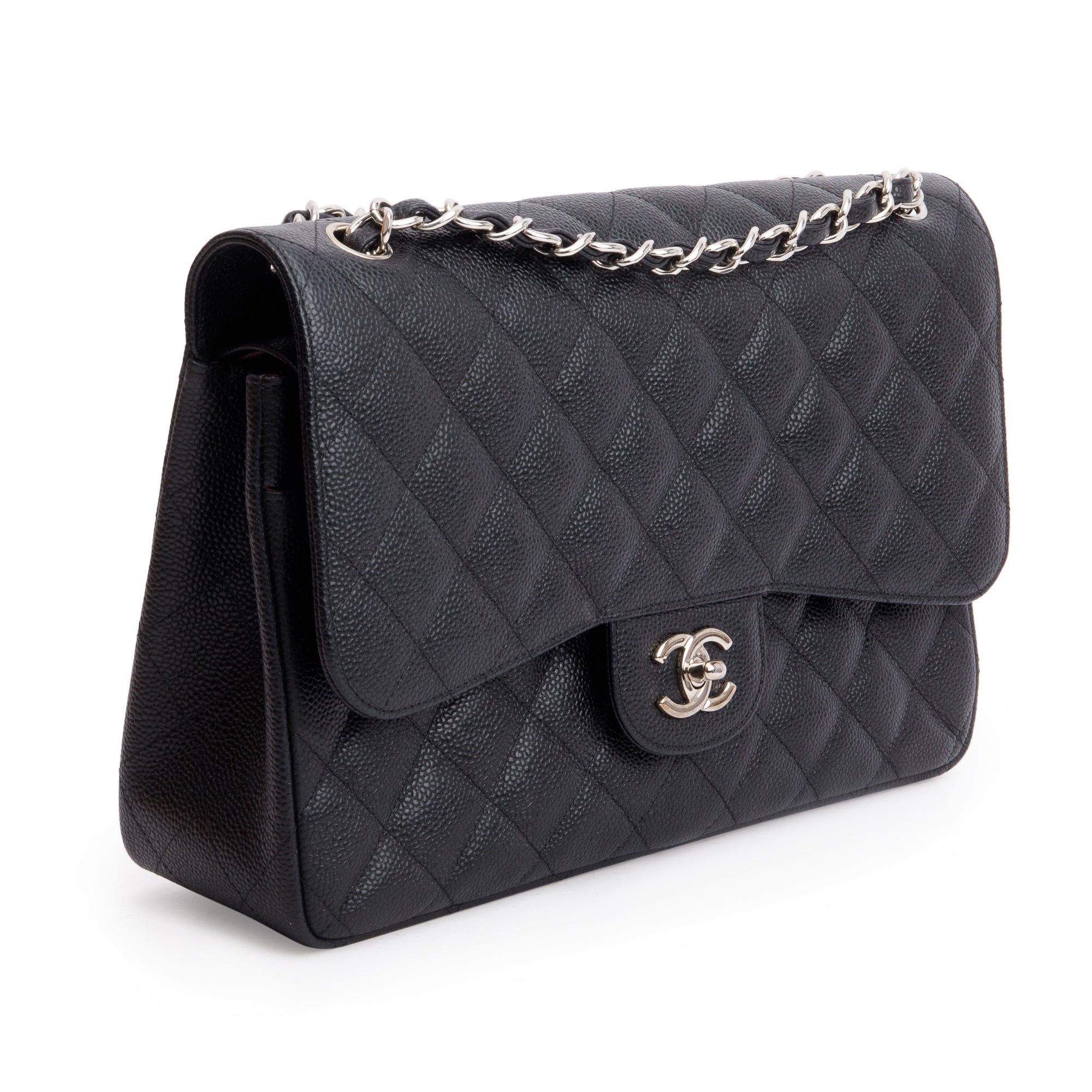 Chanel Black Quilted Caviar Leather Classic Jumbo Double Flap Bag w/ Box & Authenticity Card
