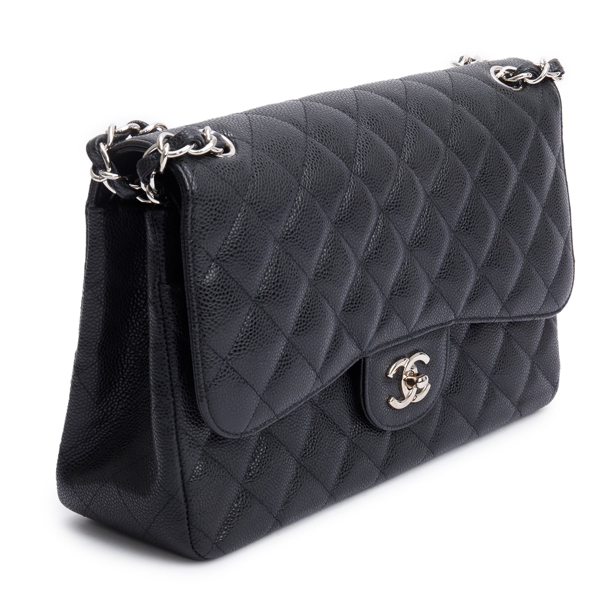 Chanel Black Quilted Caviar Leather Classic Jumbo Double Flap Bag w/ Box & Authenticity Card