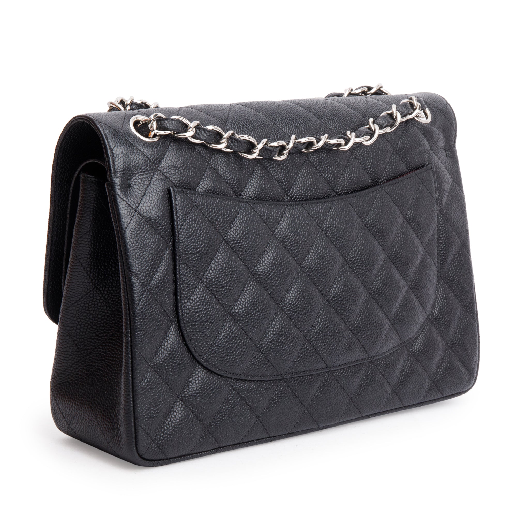 Chanel Black Quilted Caviar Leather Classic Jumbo Double Flap Bag w/ Box & Authenticity Card
