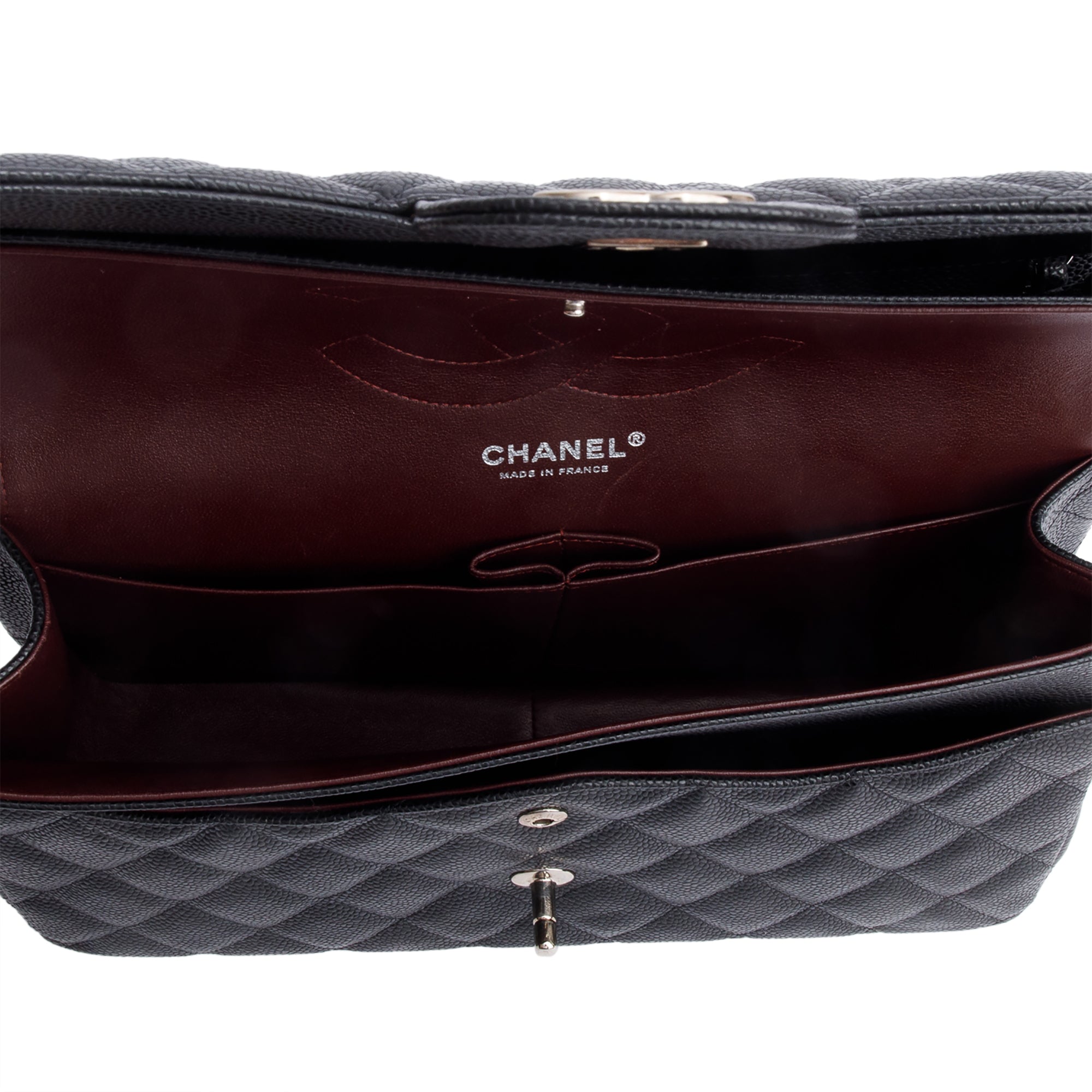 Chanel Black Quilted Caviar Leather Classic Jumbo Double Flap Bag w/ Box & Authenticity Card