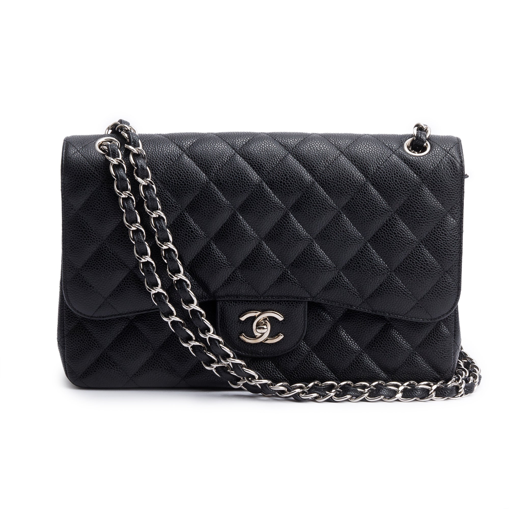 Chanel Black Quilted Caviar Leather Classic Jumbo Double Flap Bag w/ Box & Authenticity Card