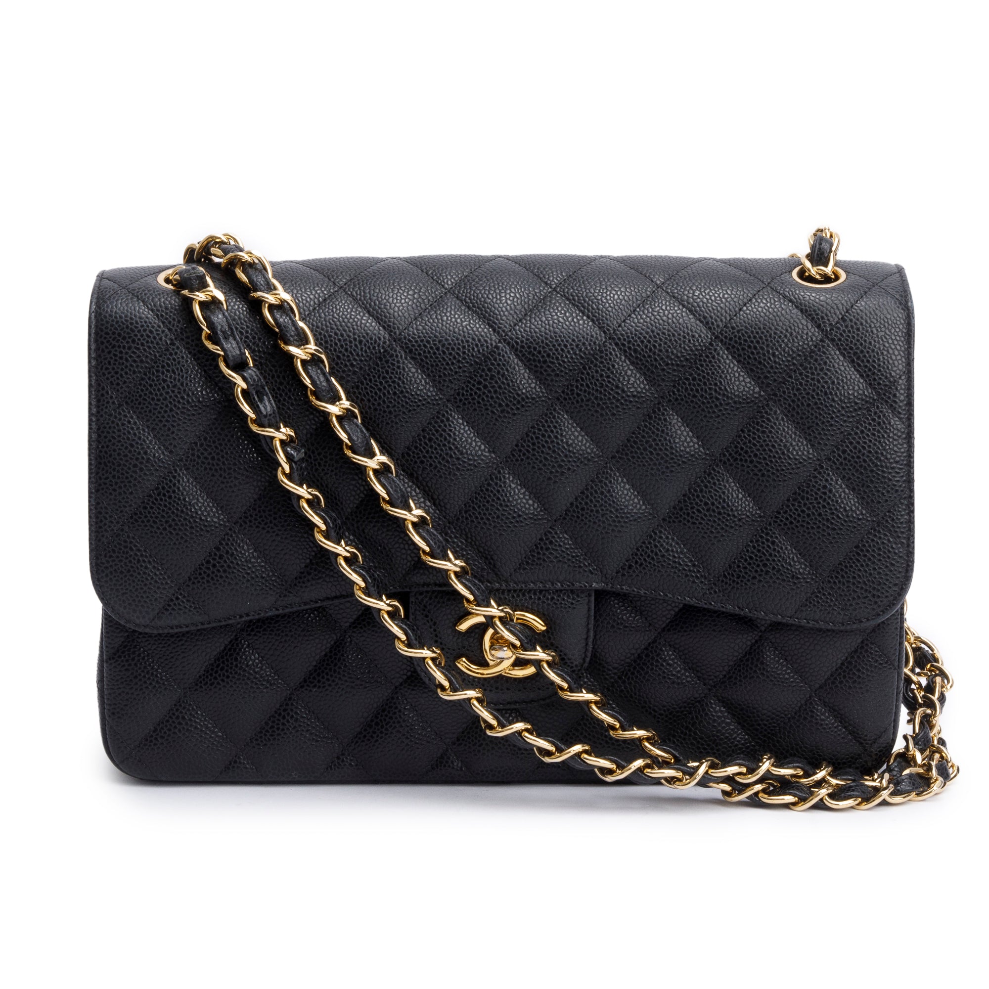 Chanel Black Quilted Caviar Leather Classic Jumbo Double Flap Bag w/ Box & Authenticity Card