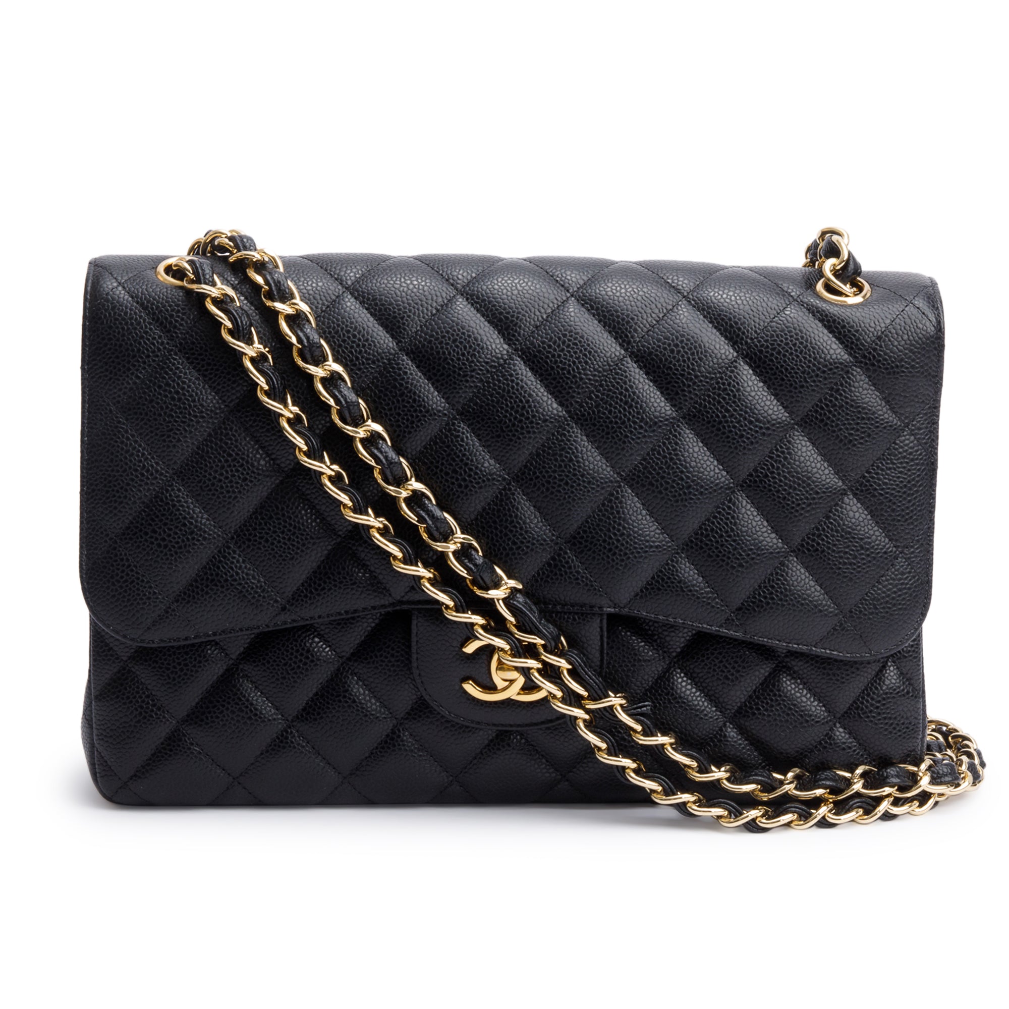 Chanel Black Quilted Caviar Leather Classic Jumbo Double Flap Bag w/ Box