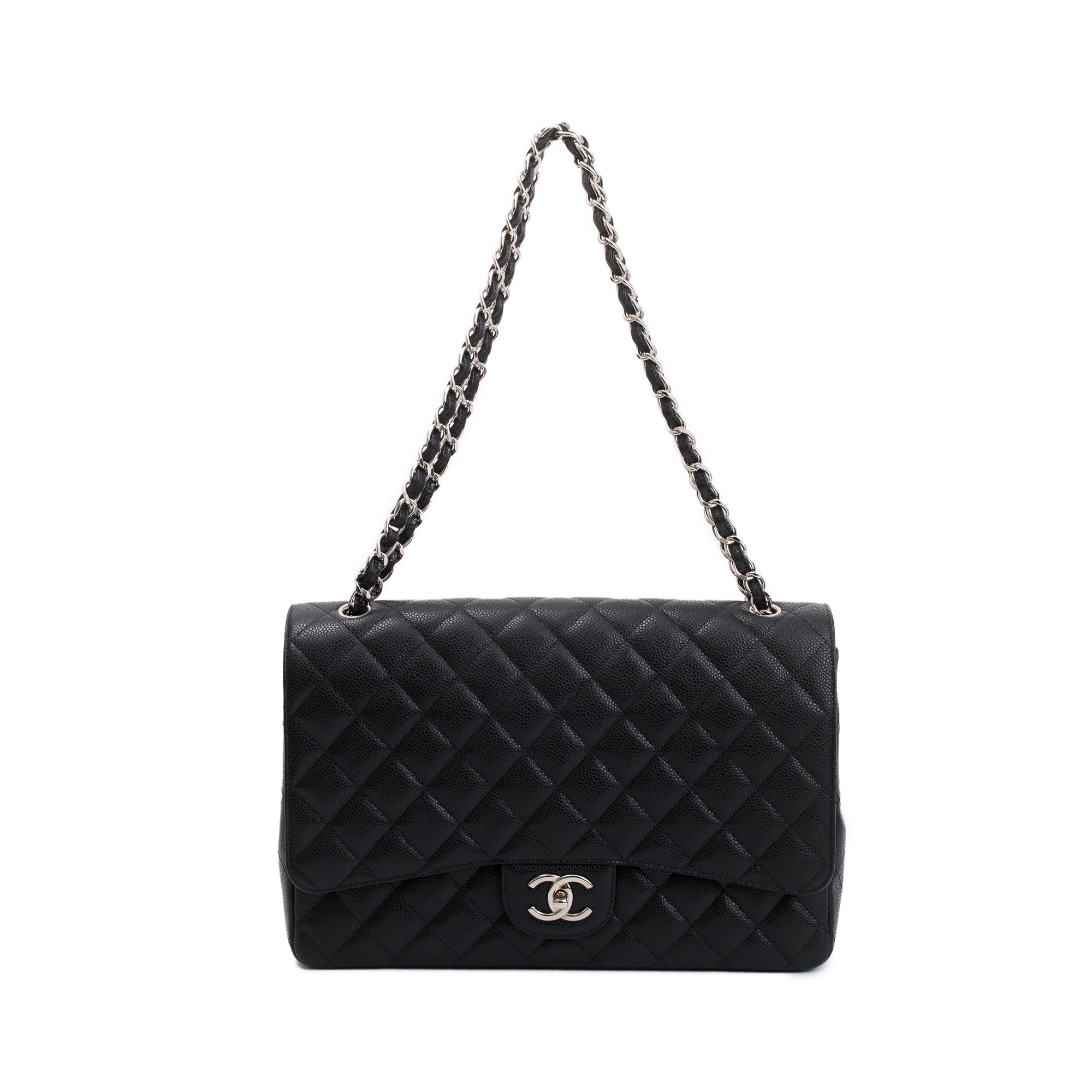 Chanel Black Quilted Caviar Leather Classic Maxi Double Flap Bag w/ Authenticity Card