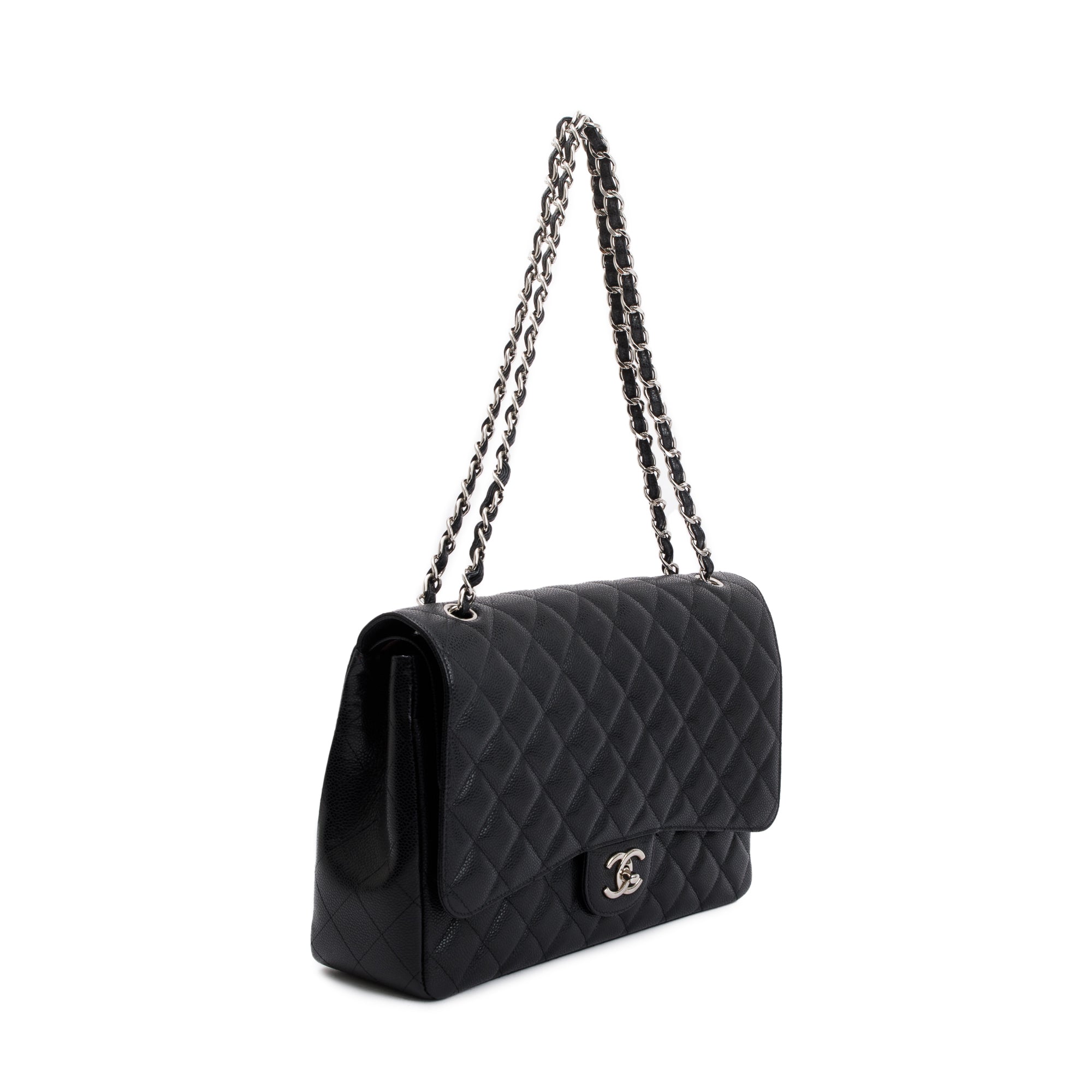Chanel Black Quilted Caviar Leather Classic Maxi Double Flap Bag w/ Authenticity Card