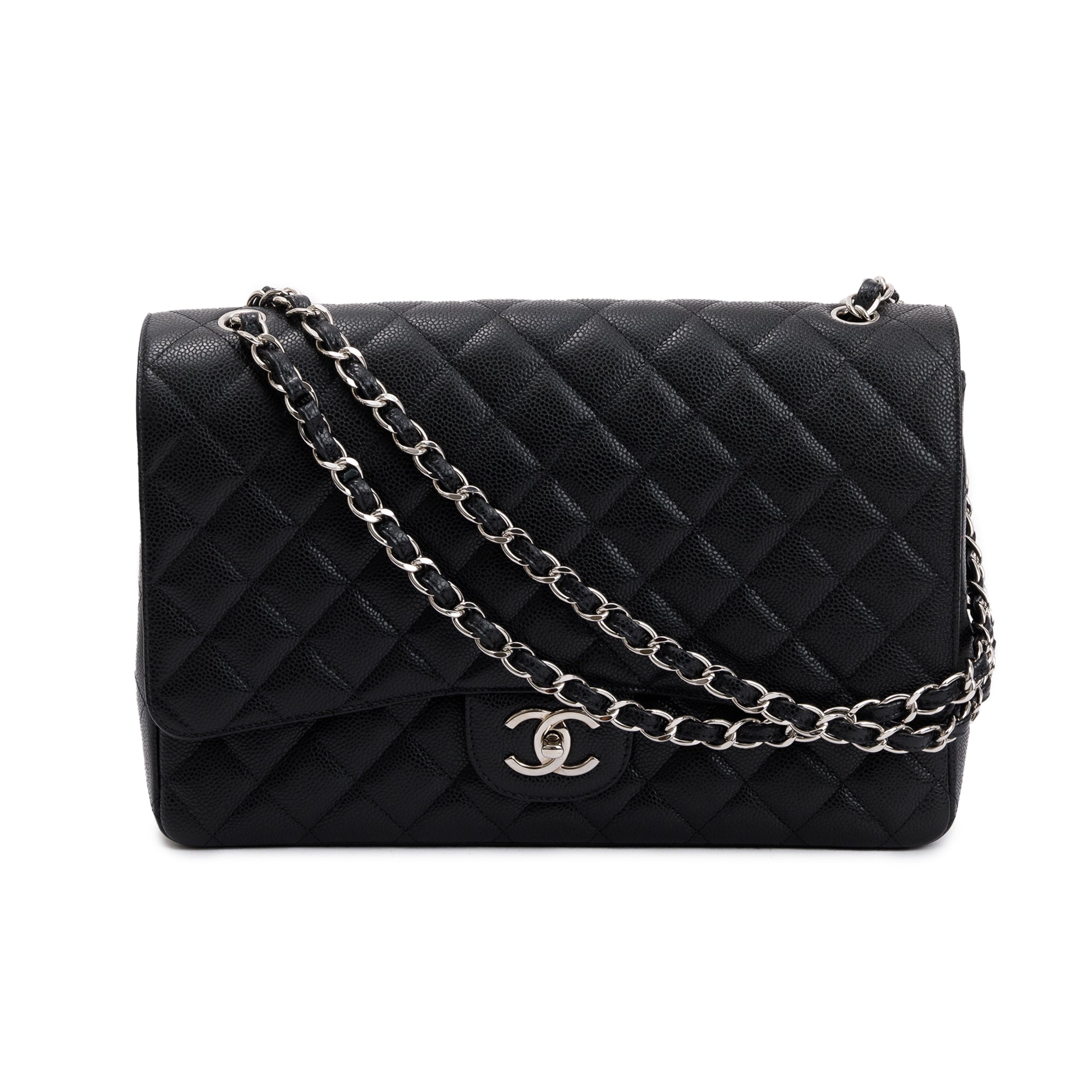 Chanel Black Quilted Caviar Leather Classic Maxi Double Flap Bag w/ Authenticity Card