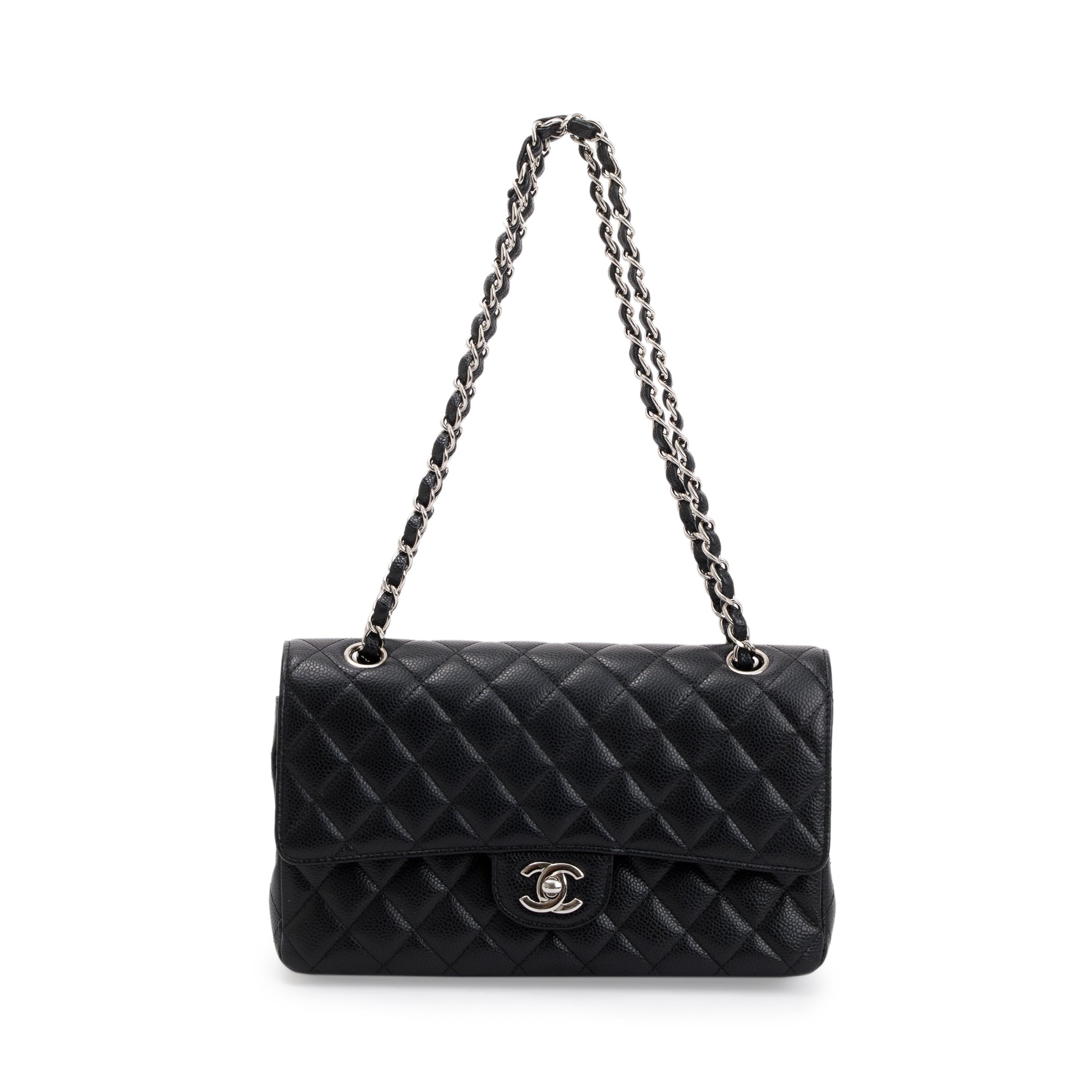 Chanel Black Quilted Caviar Leather Classic Medium Double Flap Bag w/ Authenticity Card