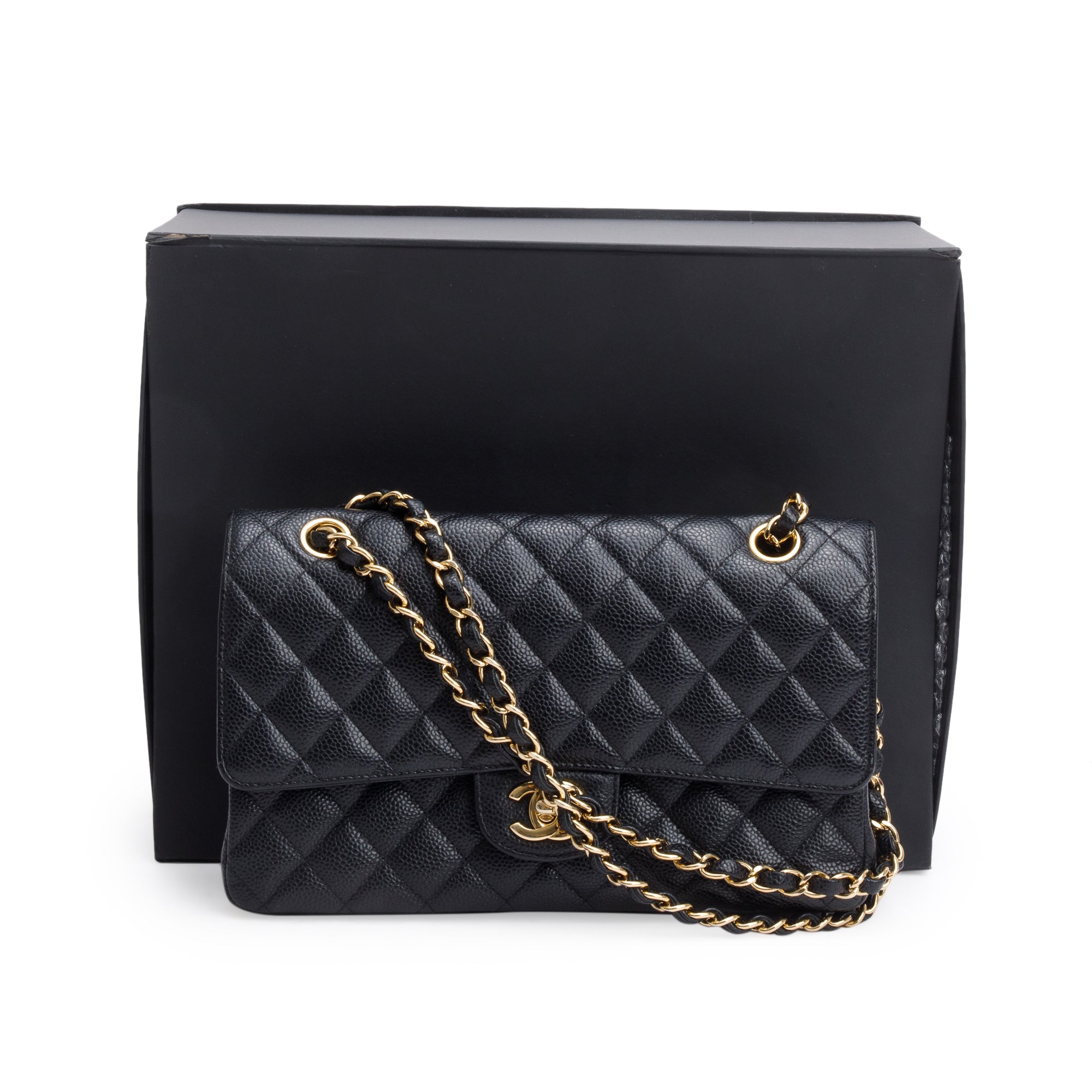 Chanel Black Quilted Caviar Leather Classic Medium Double Flap Bag w/ Box & Authenticity Card
