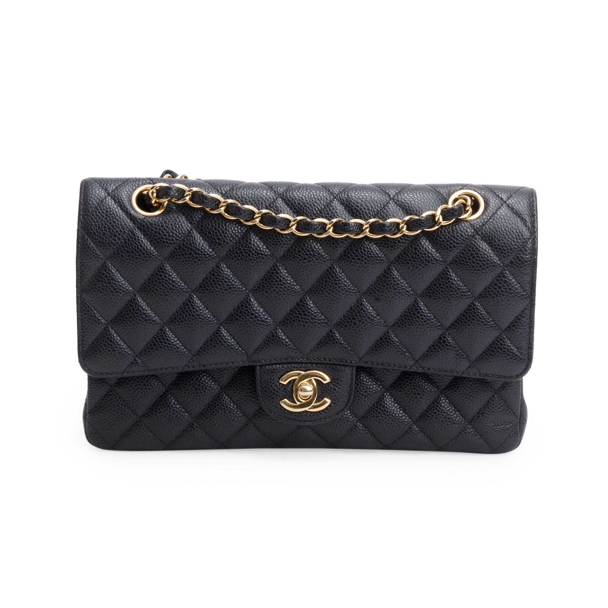Chanel Black Quilted Caviar Leather Classic Medium Double Flap Bag w/ Box & Authenticity Card