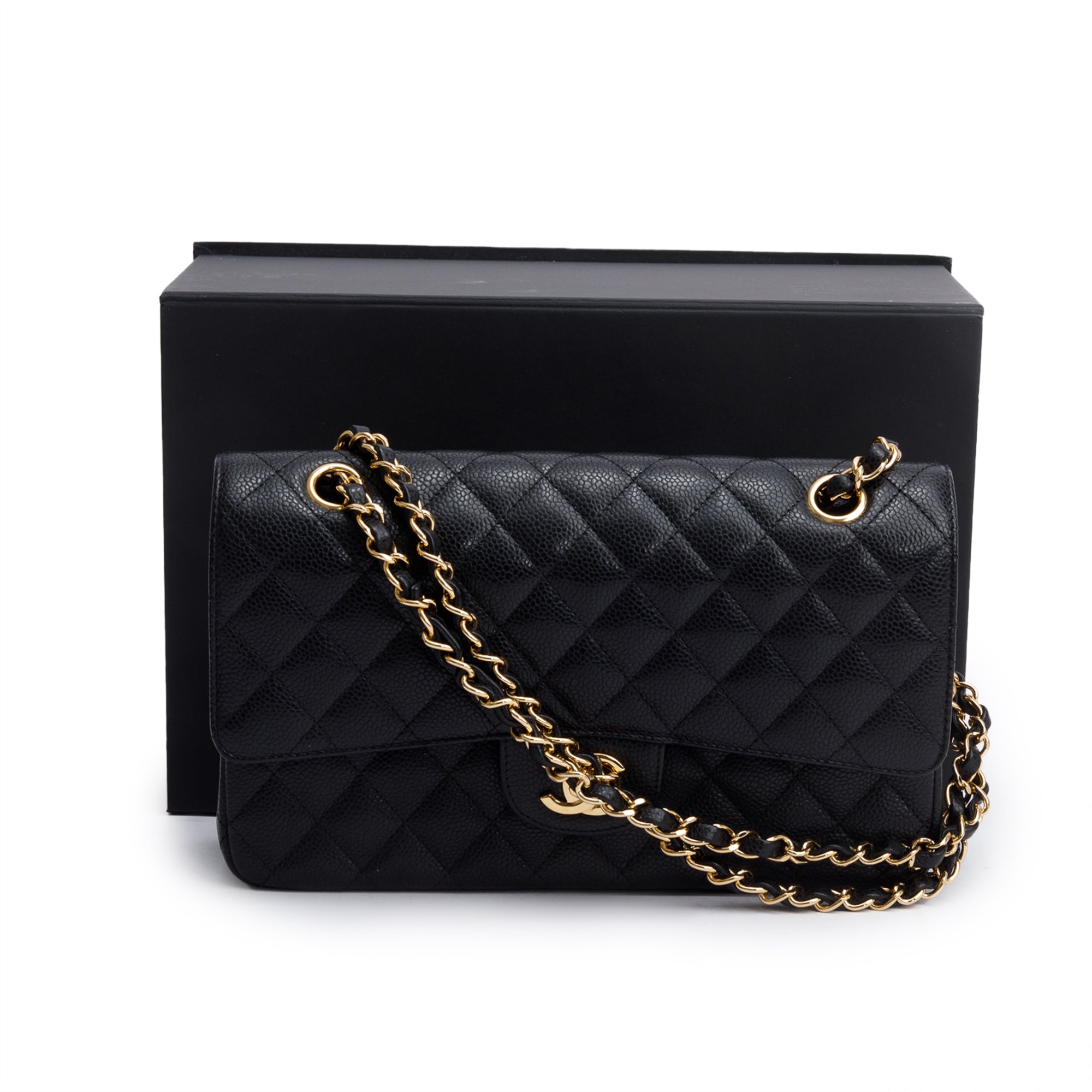 Chanel Black Quilted Caviar Leather Classic Medium Double Flap Bag w/ Box, Receipt & Authenticity Card