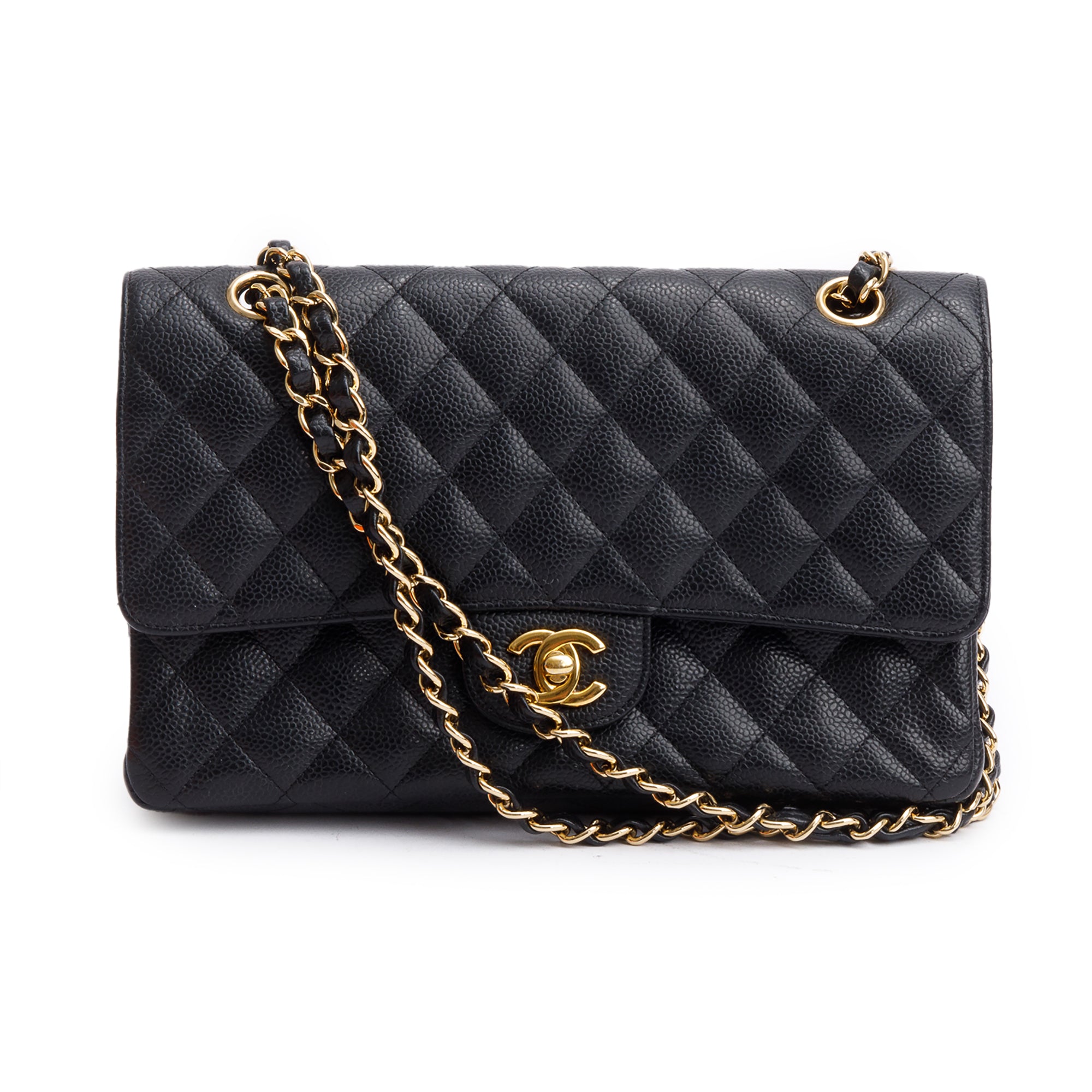 Chanel Black Quilted Caviar Leather Classic Medium Double Flap Bag w/ Box