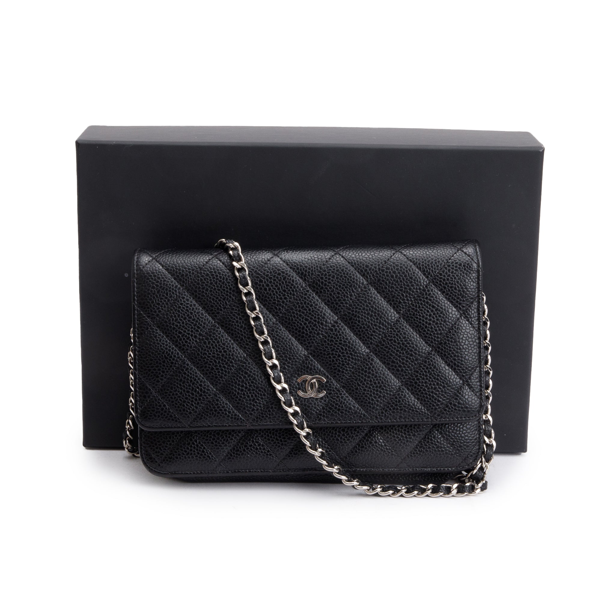 Chanel Black Quilted Caviar Leather Classic Wallet on Chain w/ Box