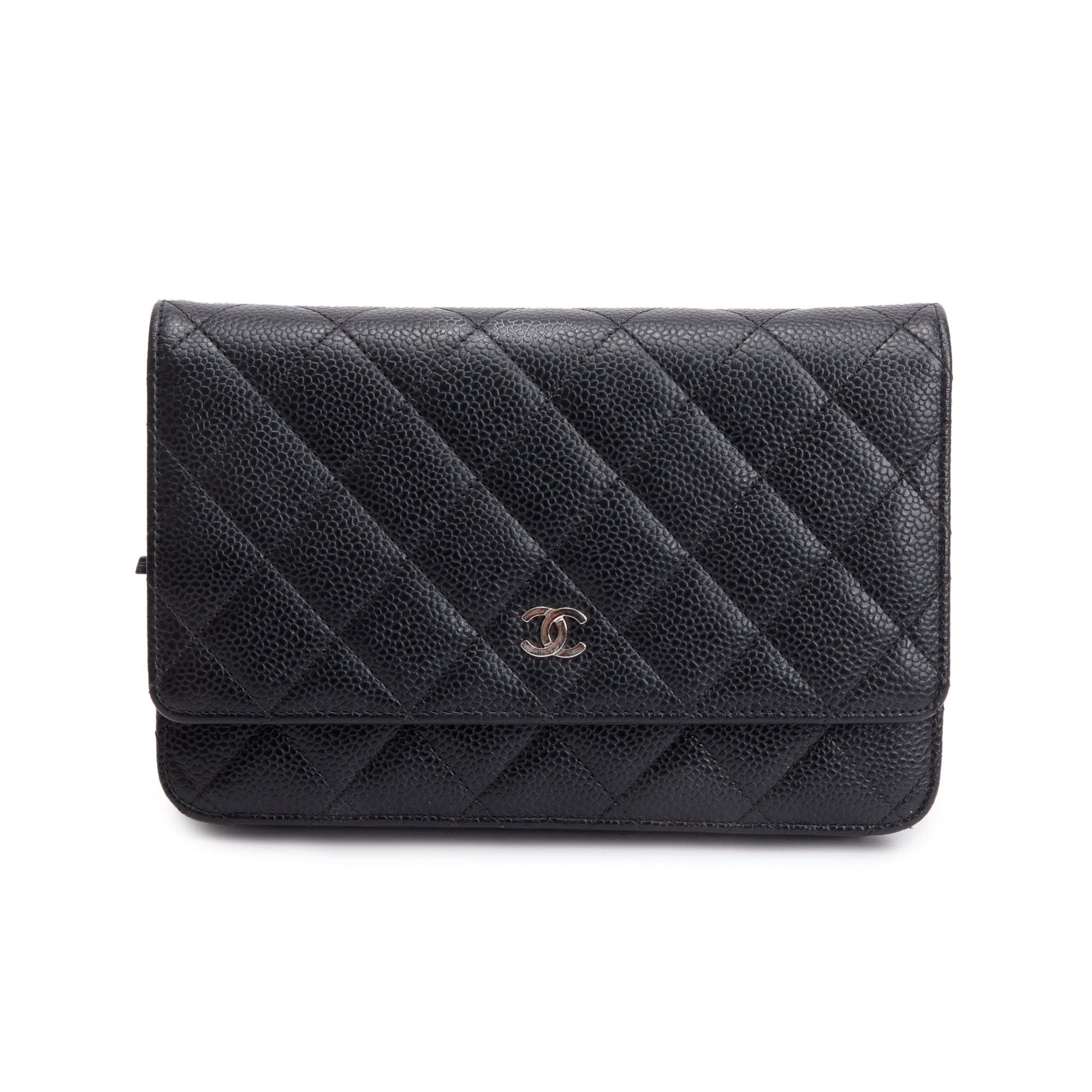 Chanel Black Quilted Caviar Leather Classic Wallet on Chain w/ Box