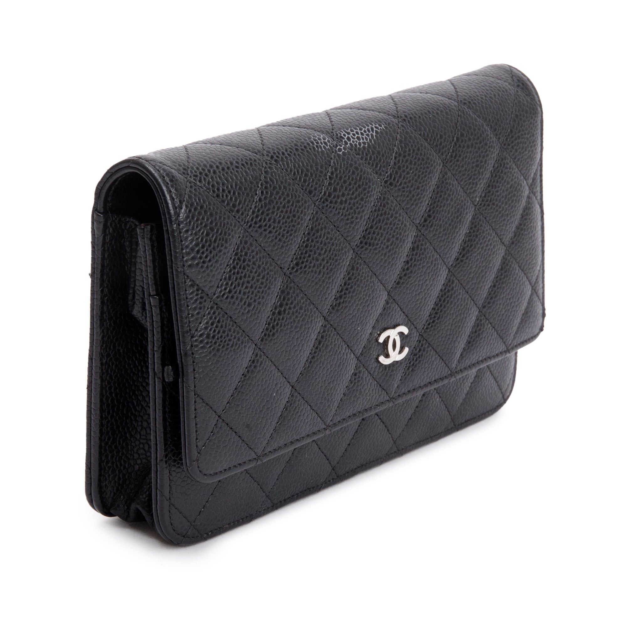 Chanel Black Quilted Caviar Leather Classic Wallet on Chain w/ Box