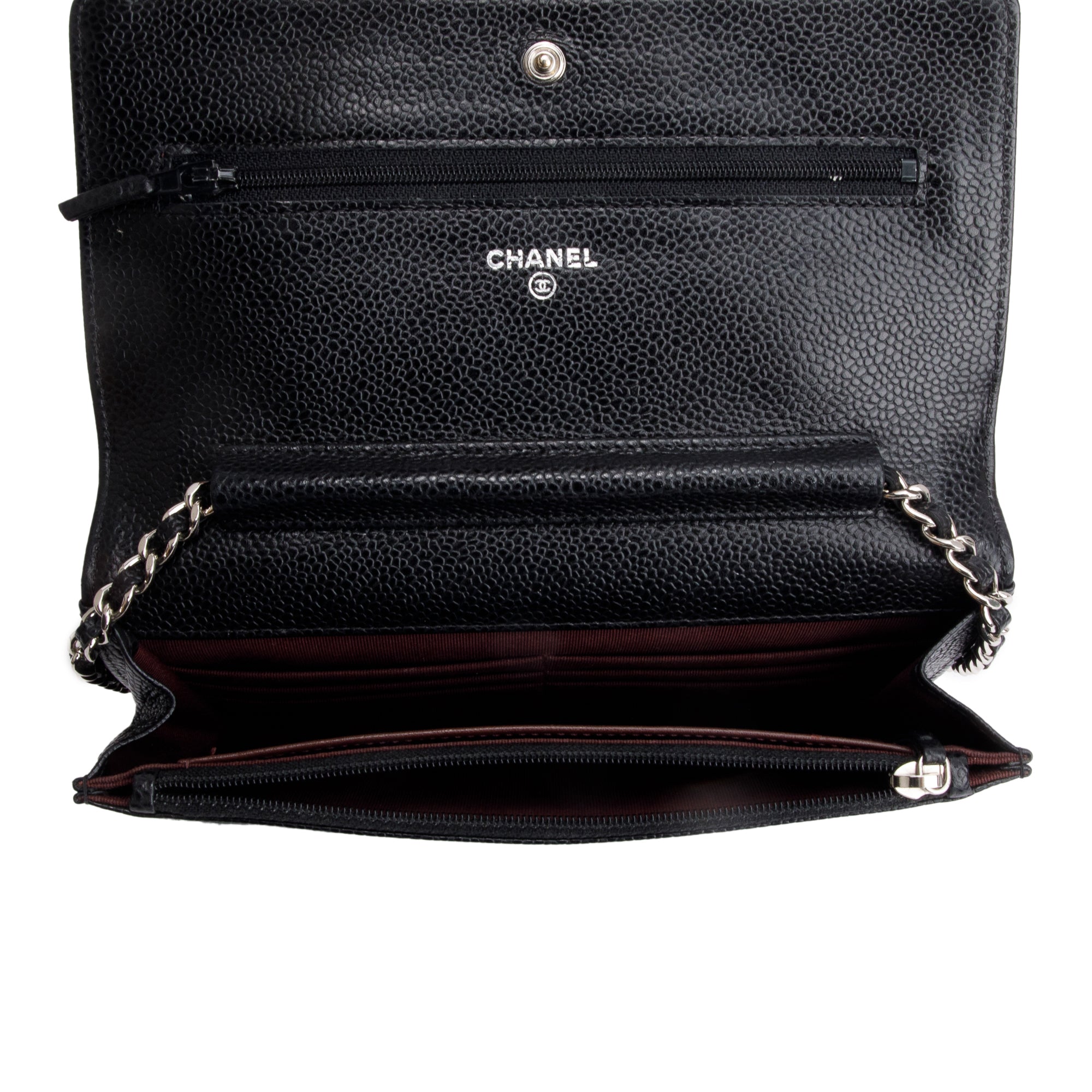 Chanel Black Quilted Caviar Leather Classic Wallet on Chain w/ Box