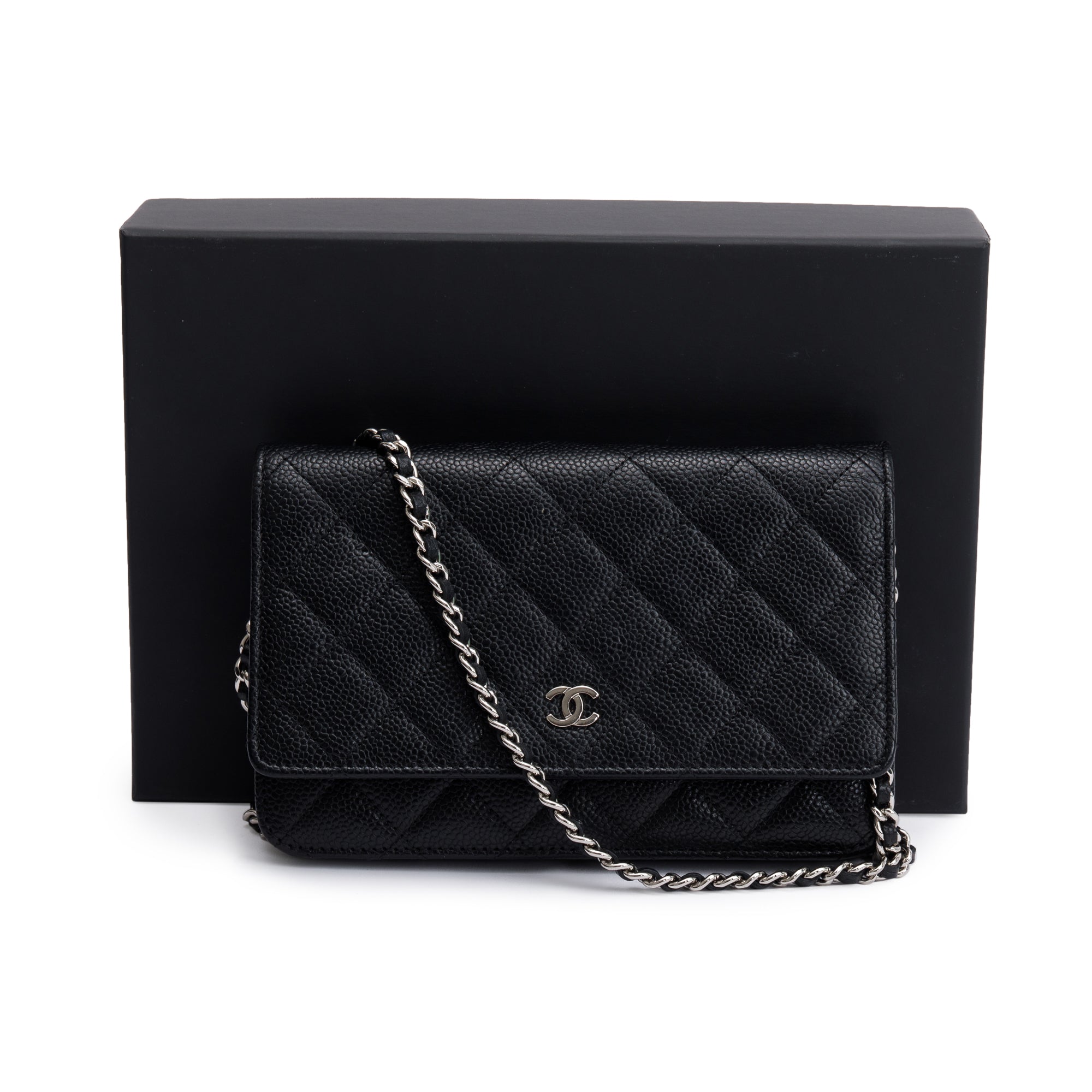 Chanel Black Quilted Caviar Leather Classic Wallet on Chain w/ Box, Receipt & Authenticity Card
