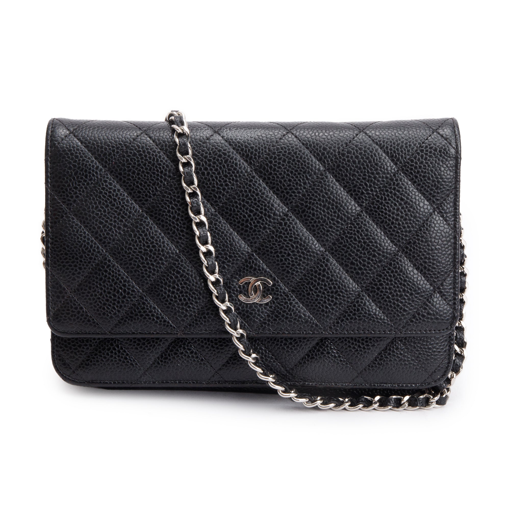 Chanel Black Quilted Caviar Leather Classic Wallet on Chain w/ Box