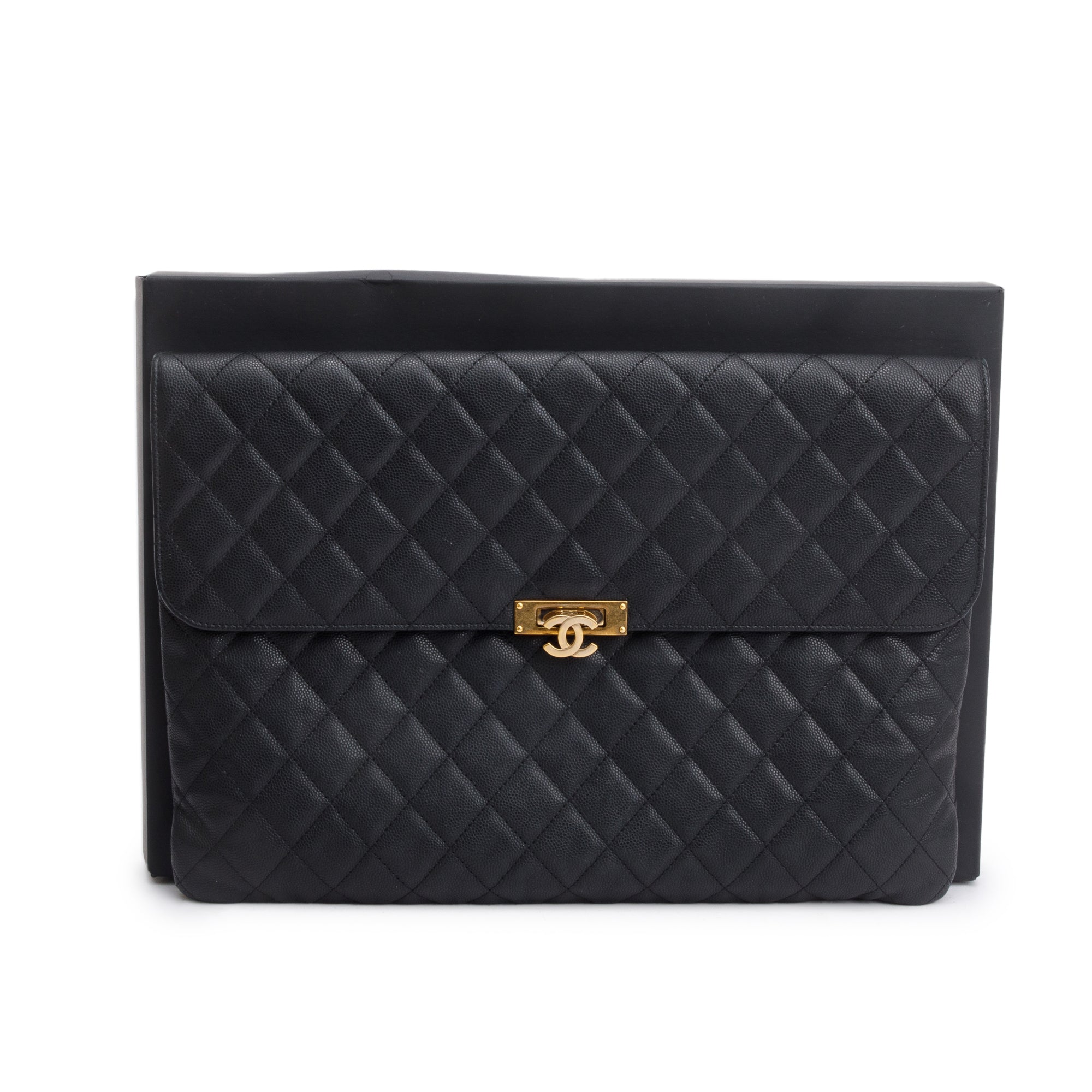 Chanel Black Quilted Caviar Leather Golden Class O-Case Clutch w/ Box & Authenticity Card