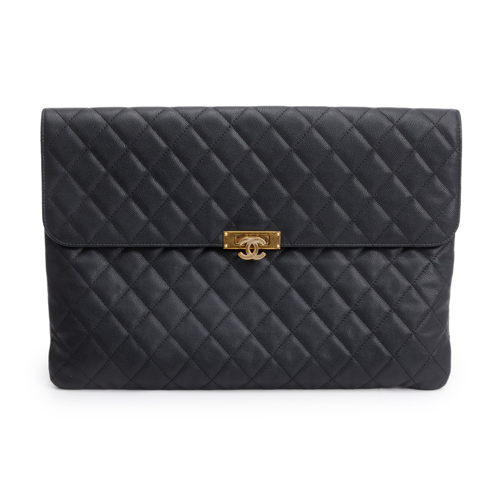 Chanel Black Quilted Caviar Leather Golden Class O-Case Clutch w/ Box & Authenticity Card