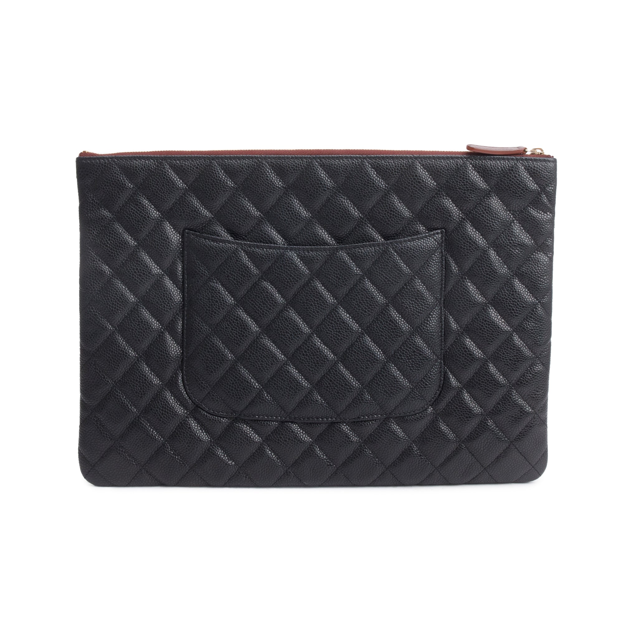 Chanel Black Quilted Caviar Leather Large O-Case Clutch w/ Box & Authenticity Card