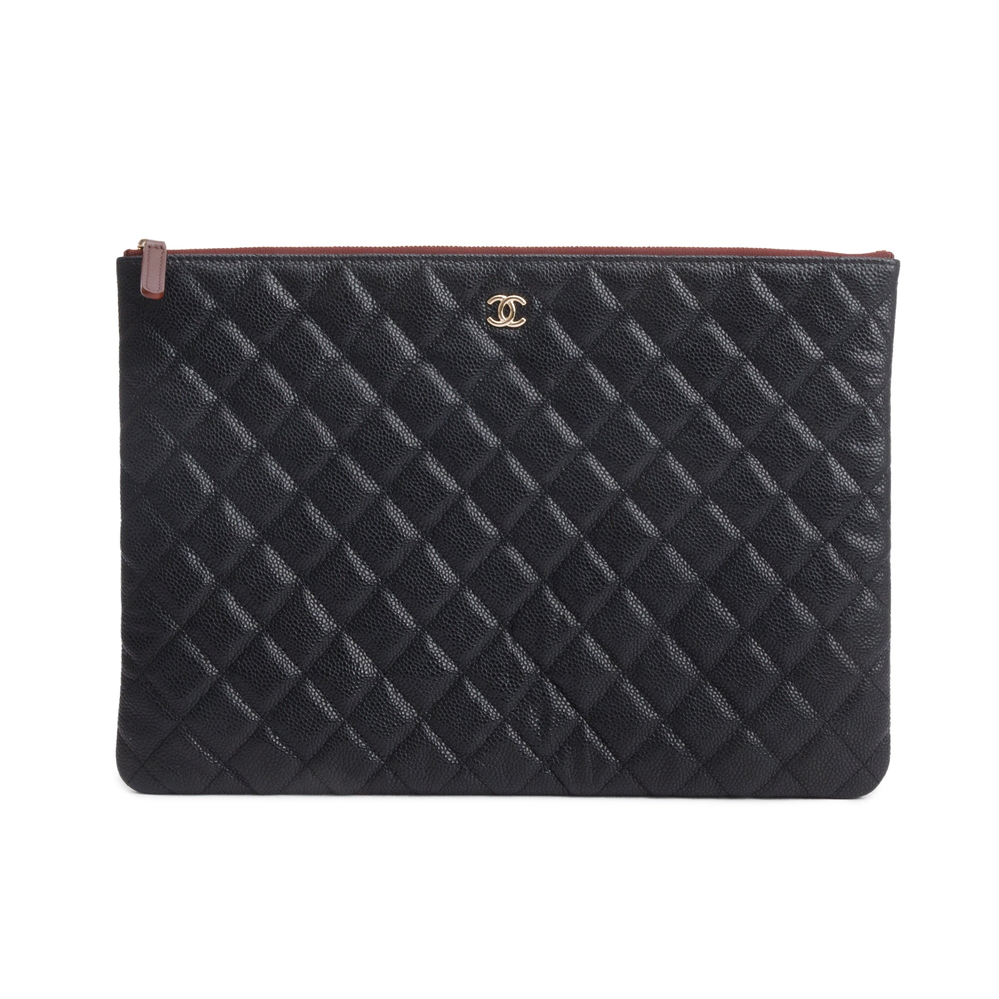 Chanel Black Quilted Caviar Leather Large O-Case Clutch w/ Box & Authenticity Card