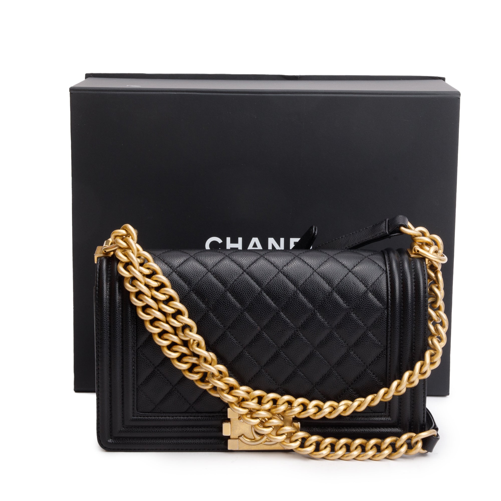 Chanel Black Quilted Caviar Leather Medium Boy Bag w/ Box