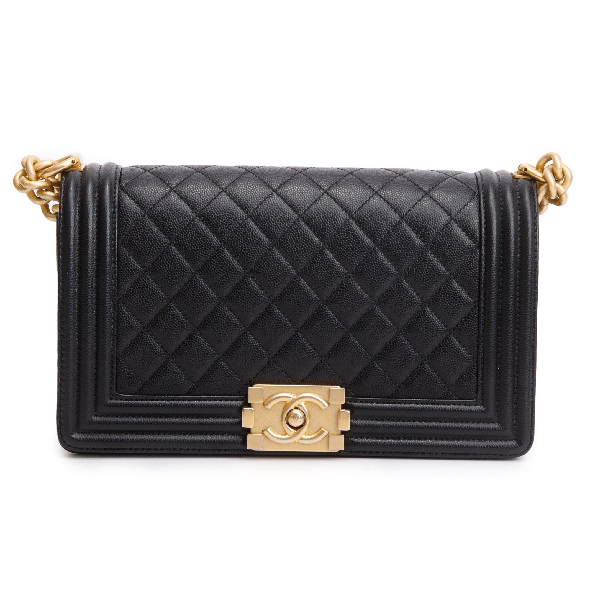 Chanel Black Quilted Caviar Leather Medium Boy Bag w/ Box