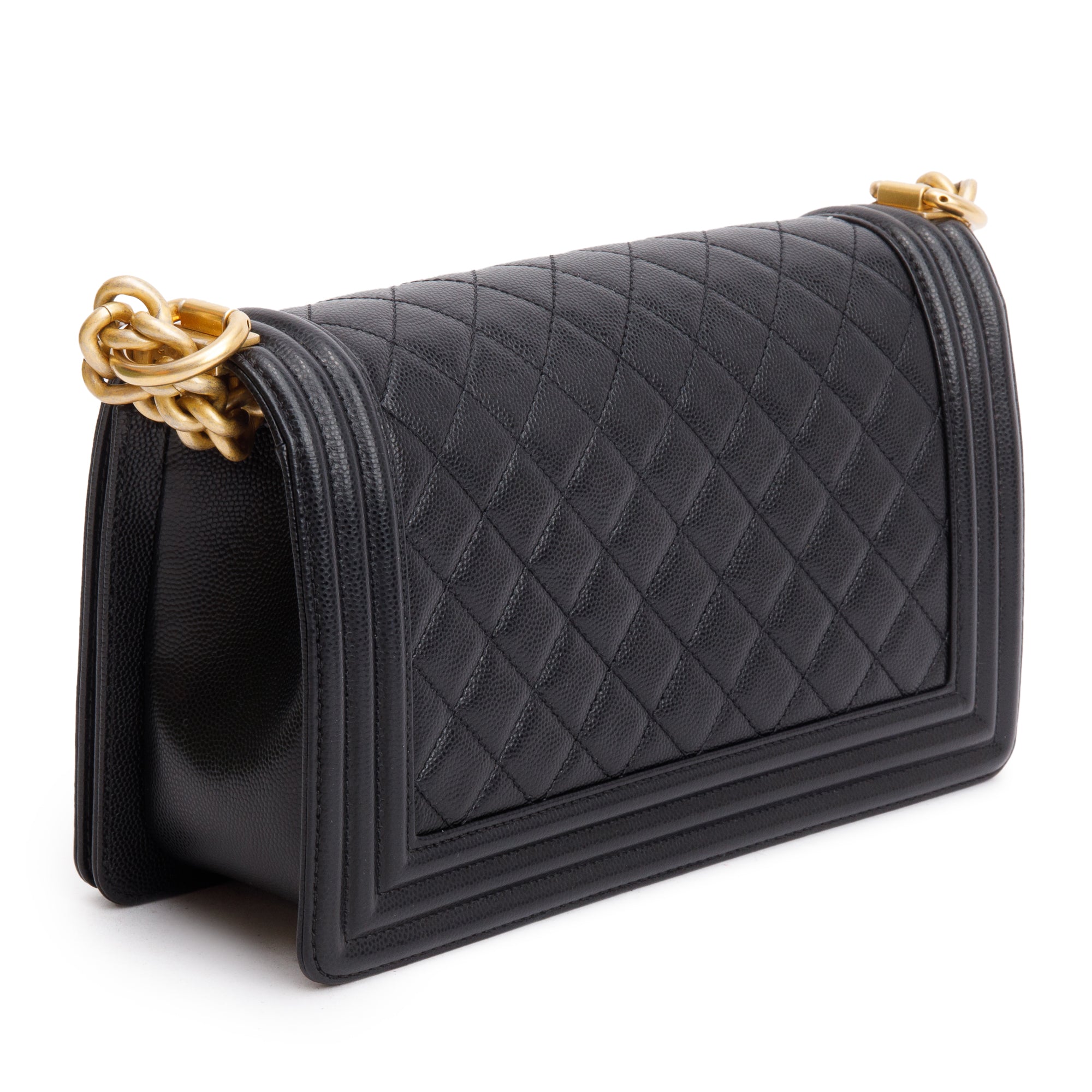 Chanel Black Quilted Caviar Leather Medium Boy Bag w/ Box