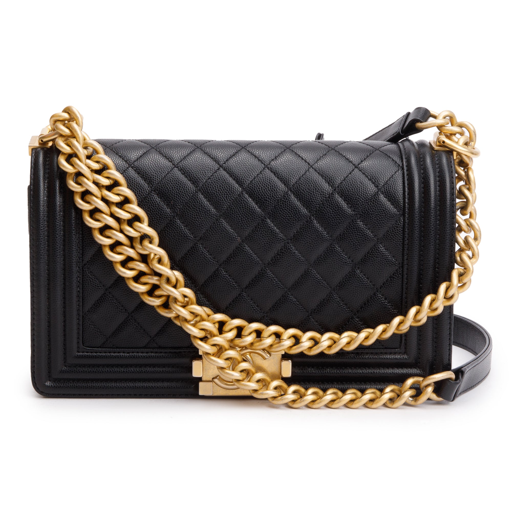 Chanel Black Quilted Caviar Leather Medium Boy Bag w/ Box