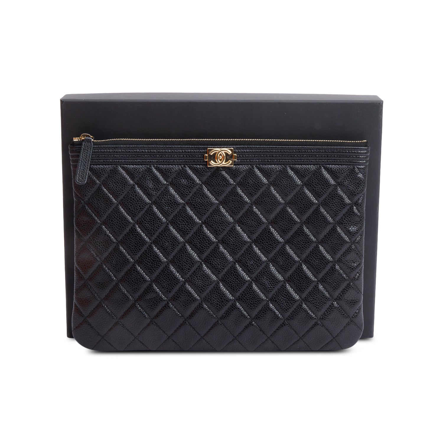 Chanel Black Quilted Caviar Leather Medium Boy O-Case Clutch w/ Box & Authenticity Card