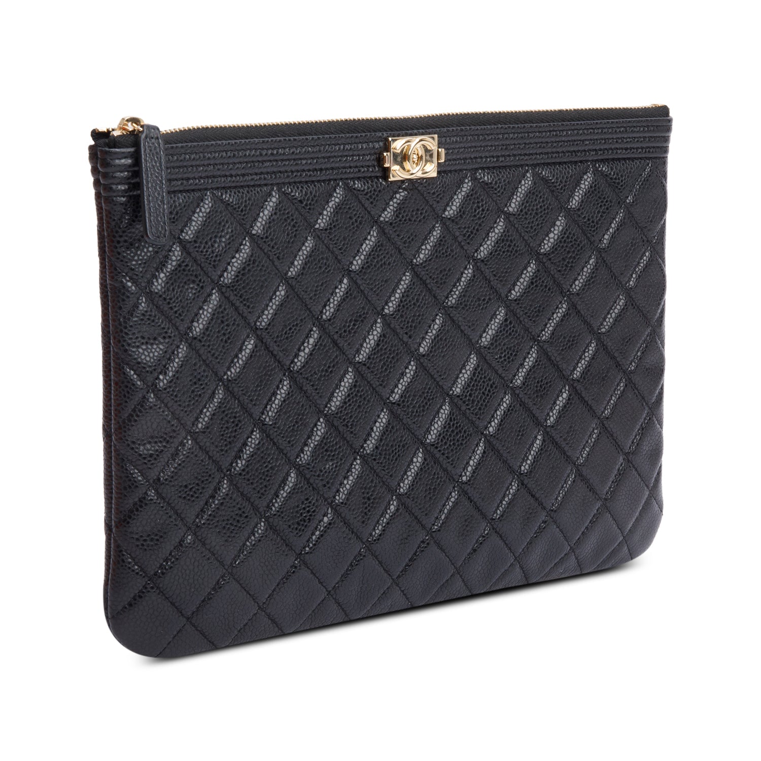 Chanel Black Quilted Caviar Leather Medium Boy O-Case Clutch w/ Box & Authenticity Card