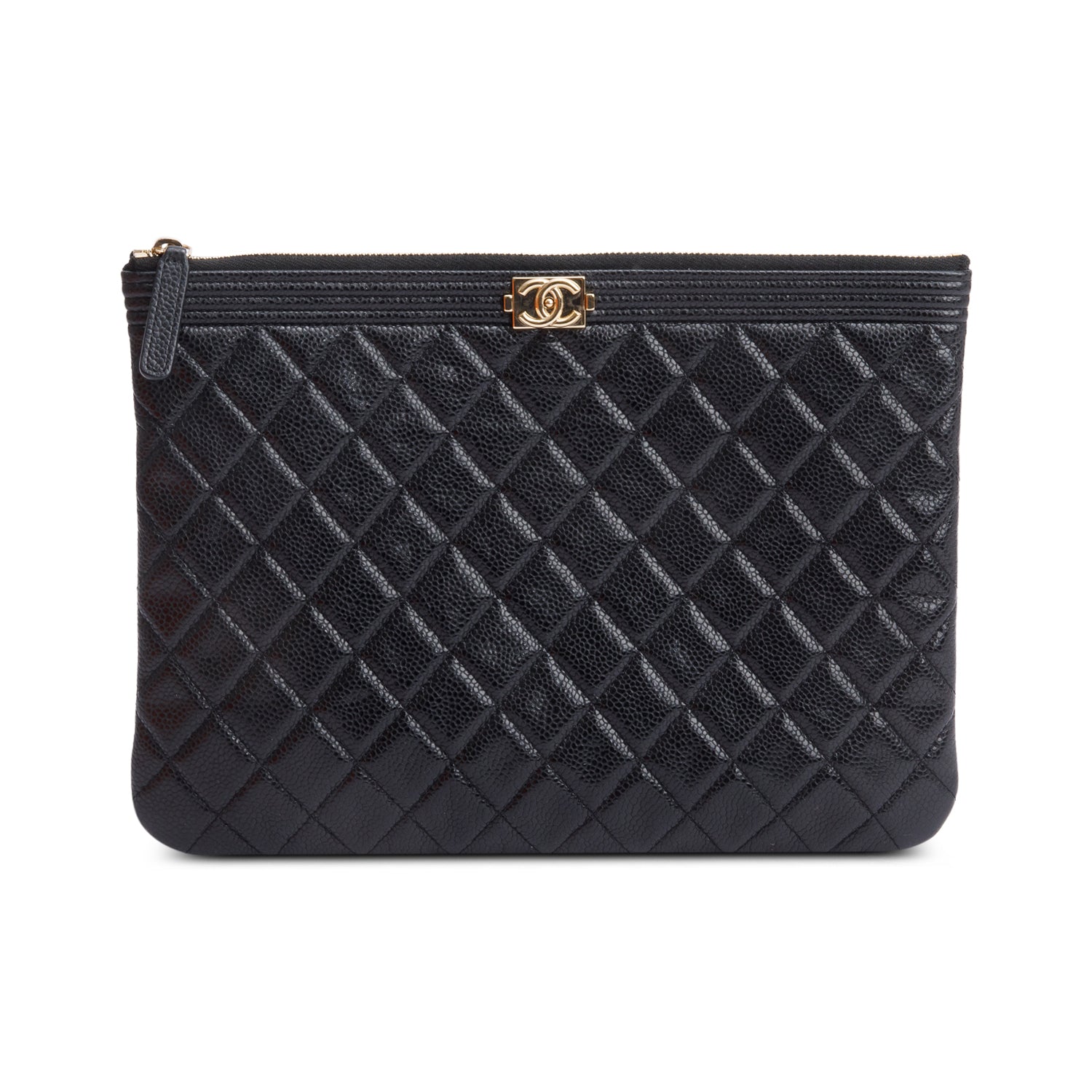 Chanel Black Quilted Caviar Leather Medium Boy O-Case Clutch w/ Box & Authenticity Card