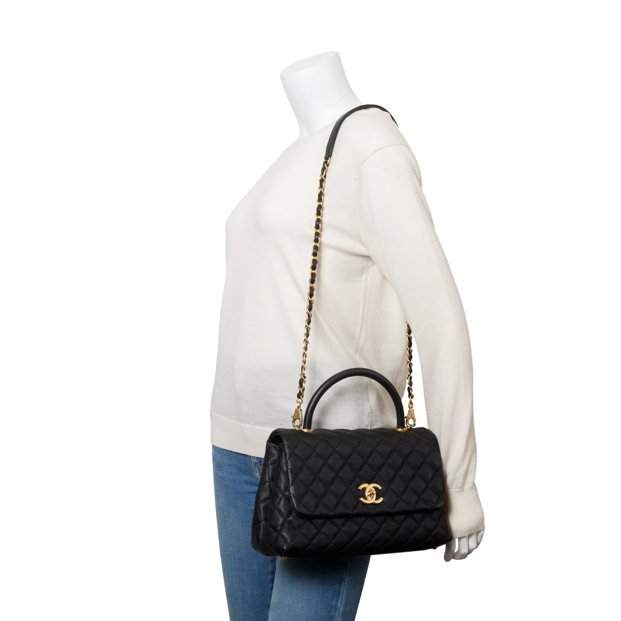 Chanel Black Quilted Caviar Leather Medium Coco Handle Bag w/ Strap, Receipt & Authenticity Card