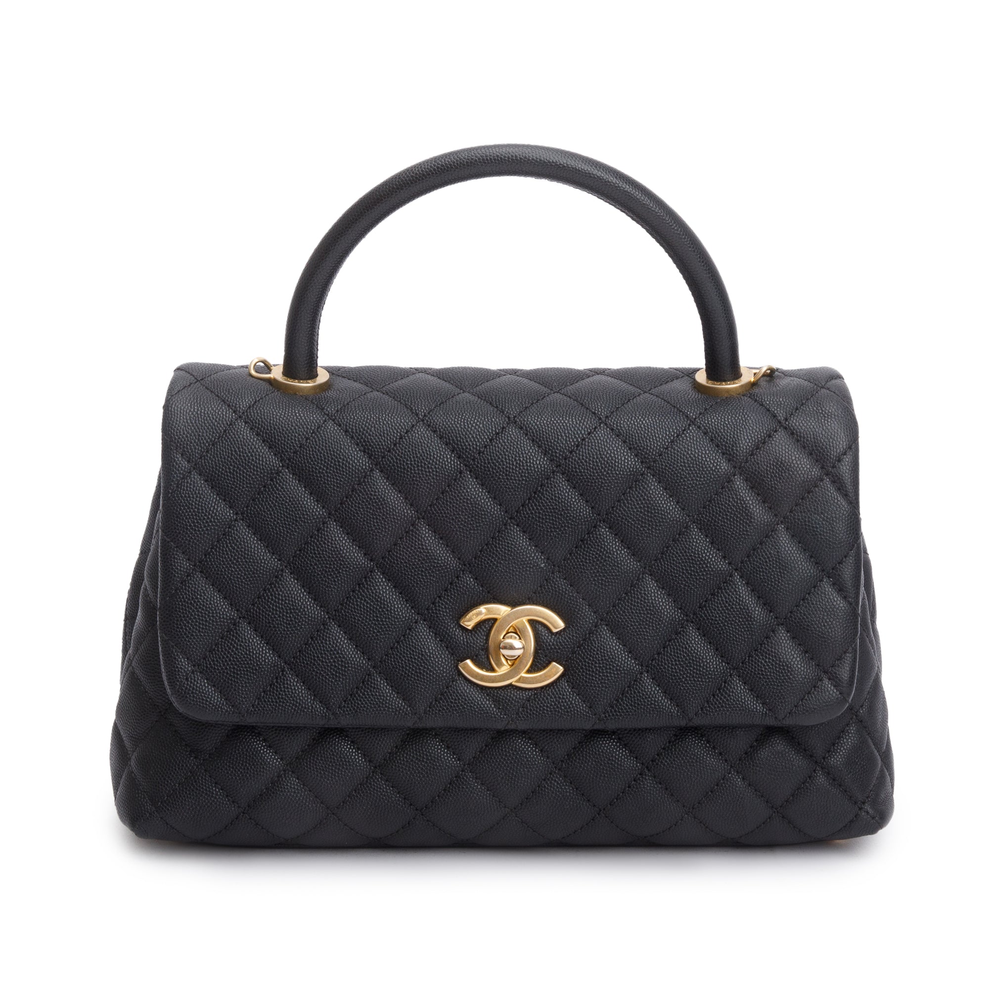 Chanel Black Quilted Caviar Leather Medium Coco Handle Bag w/ Strap, Receipt & Authenticity Card
