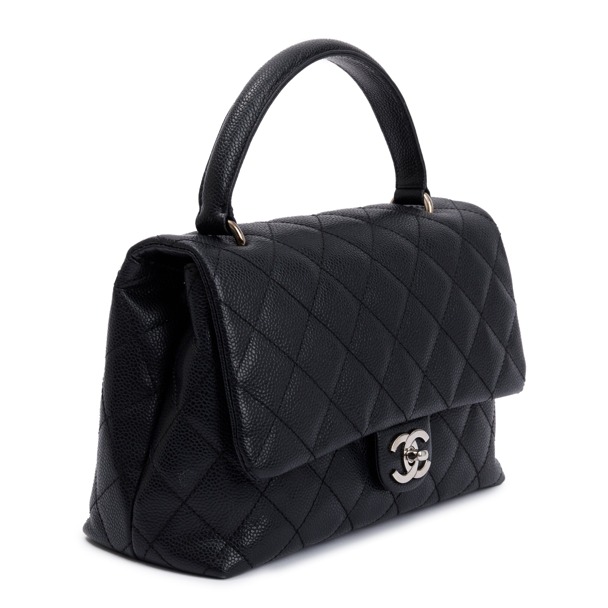 Chanel Black Quilted Caviar Leather Medium Kelly Top Handle Bag w/ Box