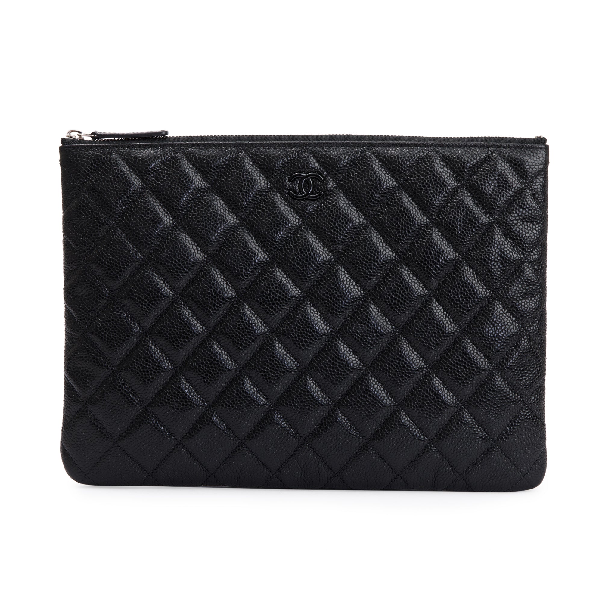 Chanel Black Quilted Caviar Leather Medium O-Case Clutch w/ Box & Authenticity Card