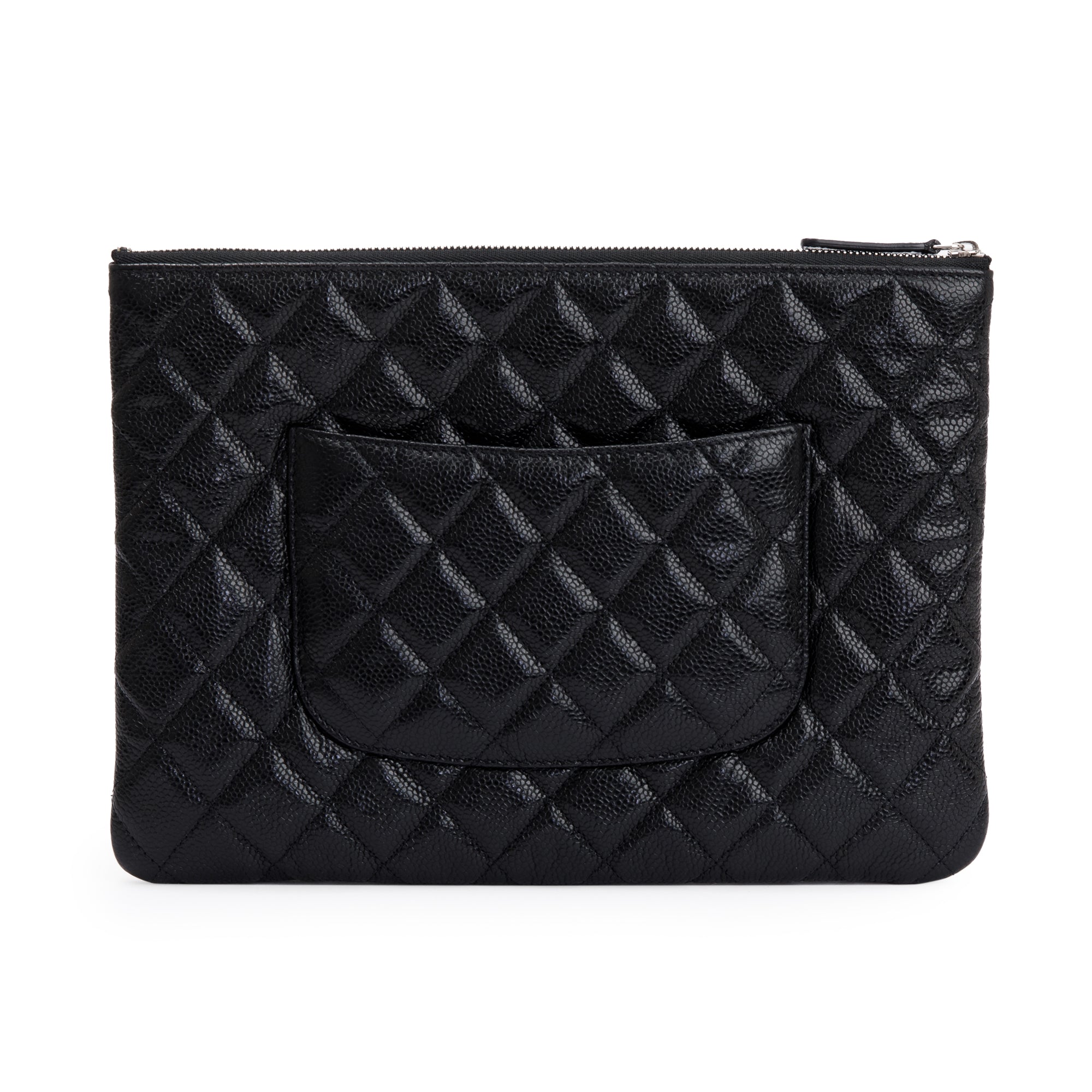 Chanel Black Quilted Caviar Leather Medium O-Case Clutch w/ Box & Authenticity Card