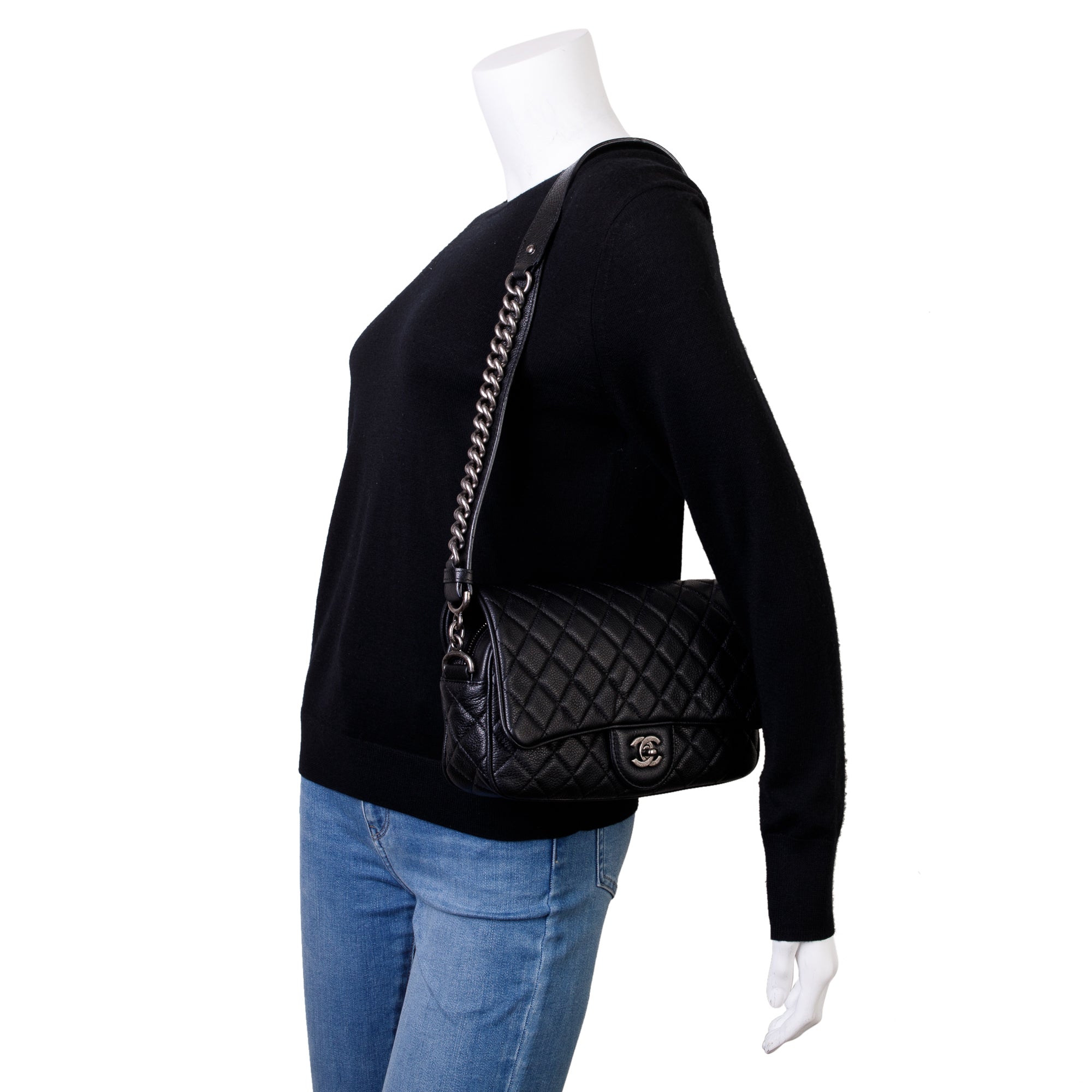 Chanel Black Quilted Caviar Leather Small Casual Rock Flap Bag w/ Box & Authenticity Card