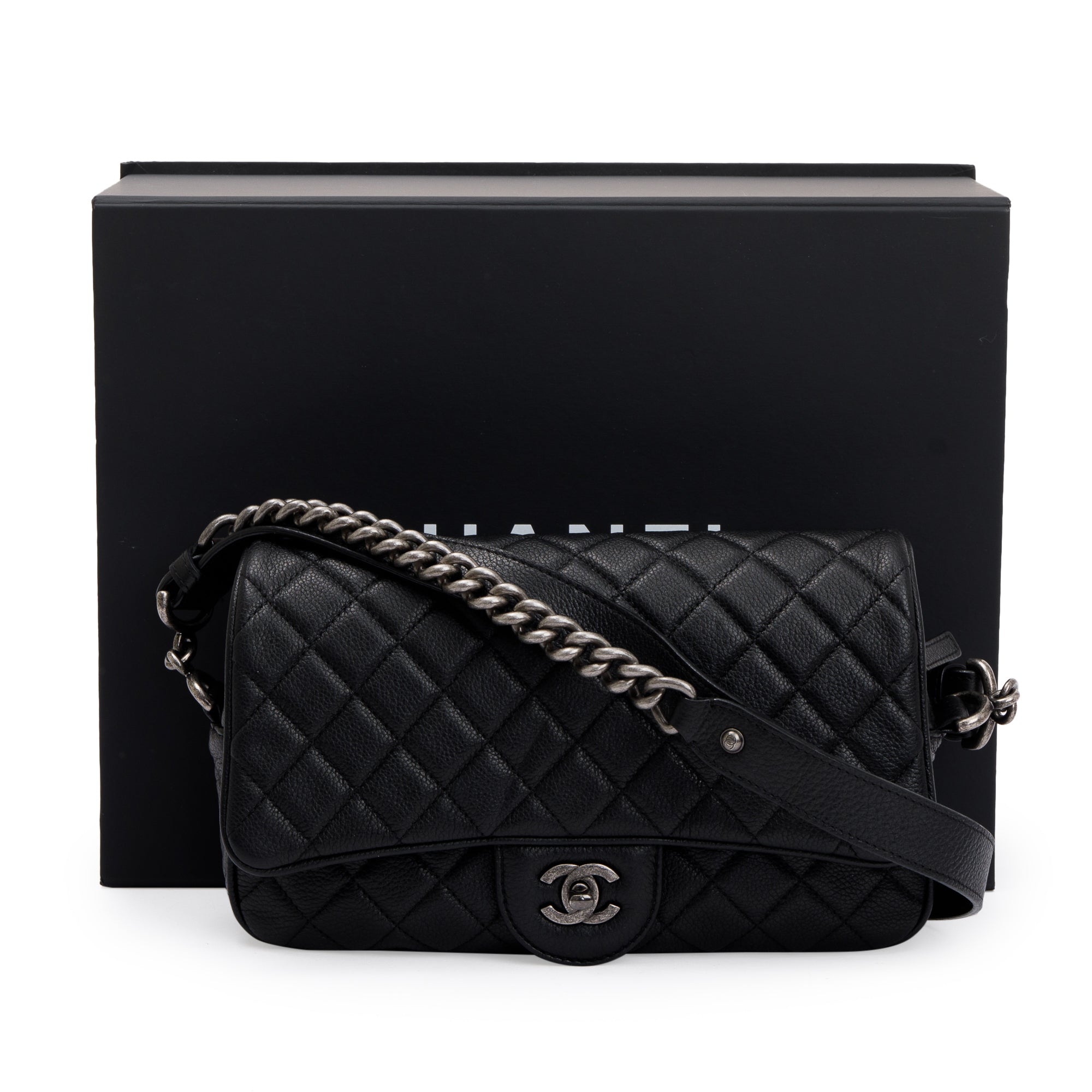 Chanel Black Quilted Caviar Leather Small Casual Rock Flap Bag w/ Box & Authenticity Card