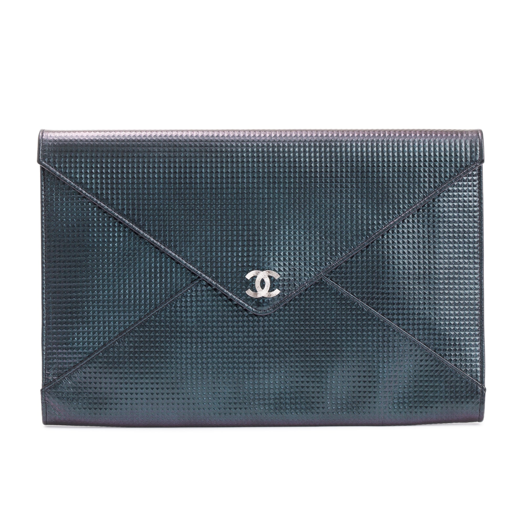 Chanel Black Quilted Holographic Patent Leather Envelope Clutch w/ Authenticity Card