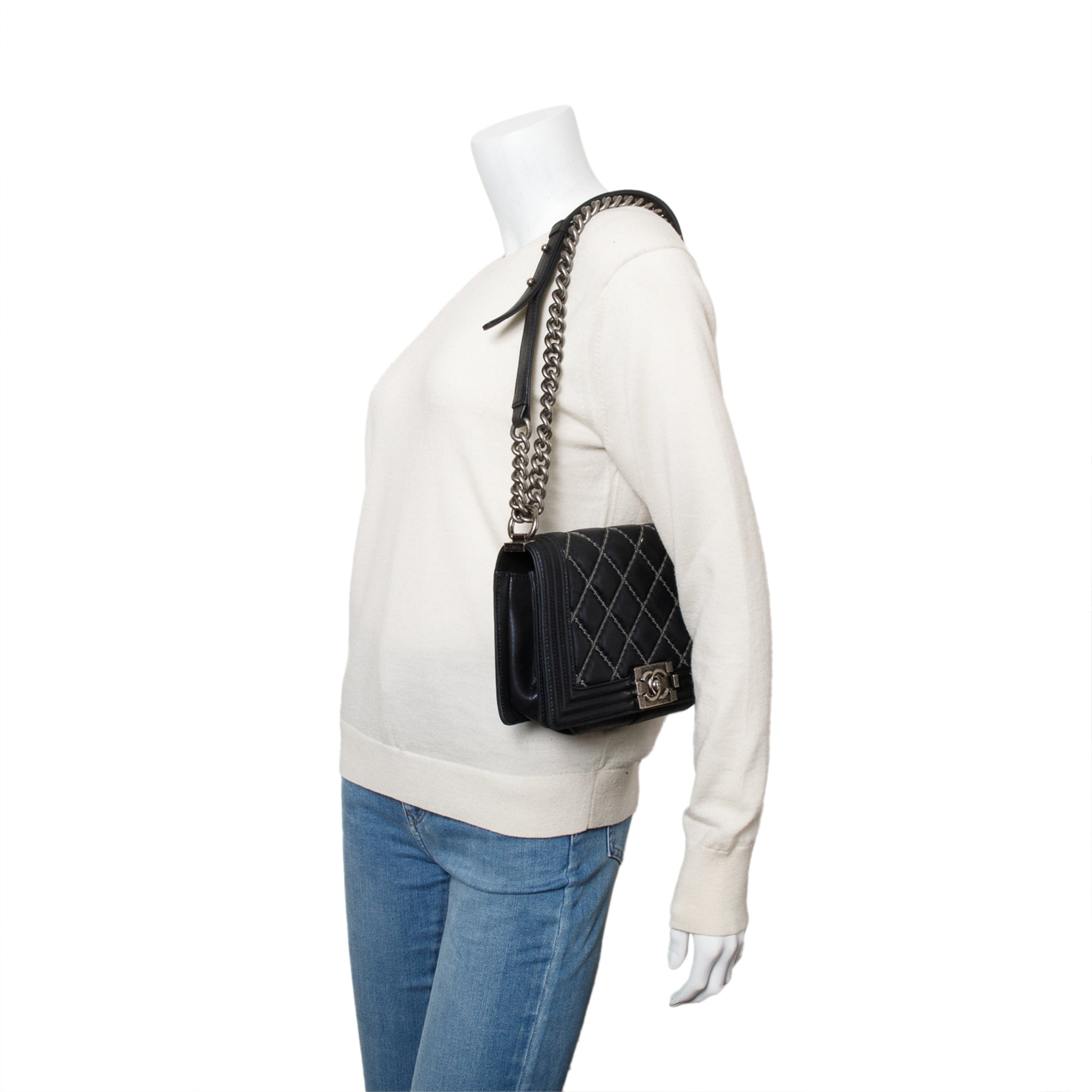 Chanel Black Quilted Iridescent Calfskin Leather Medium Beaded Double Stitch Boy Bag