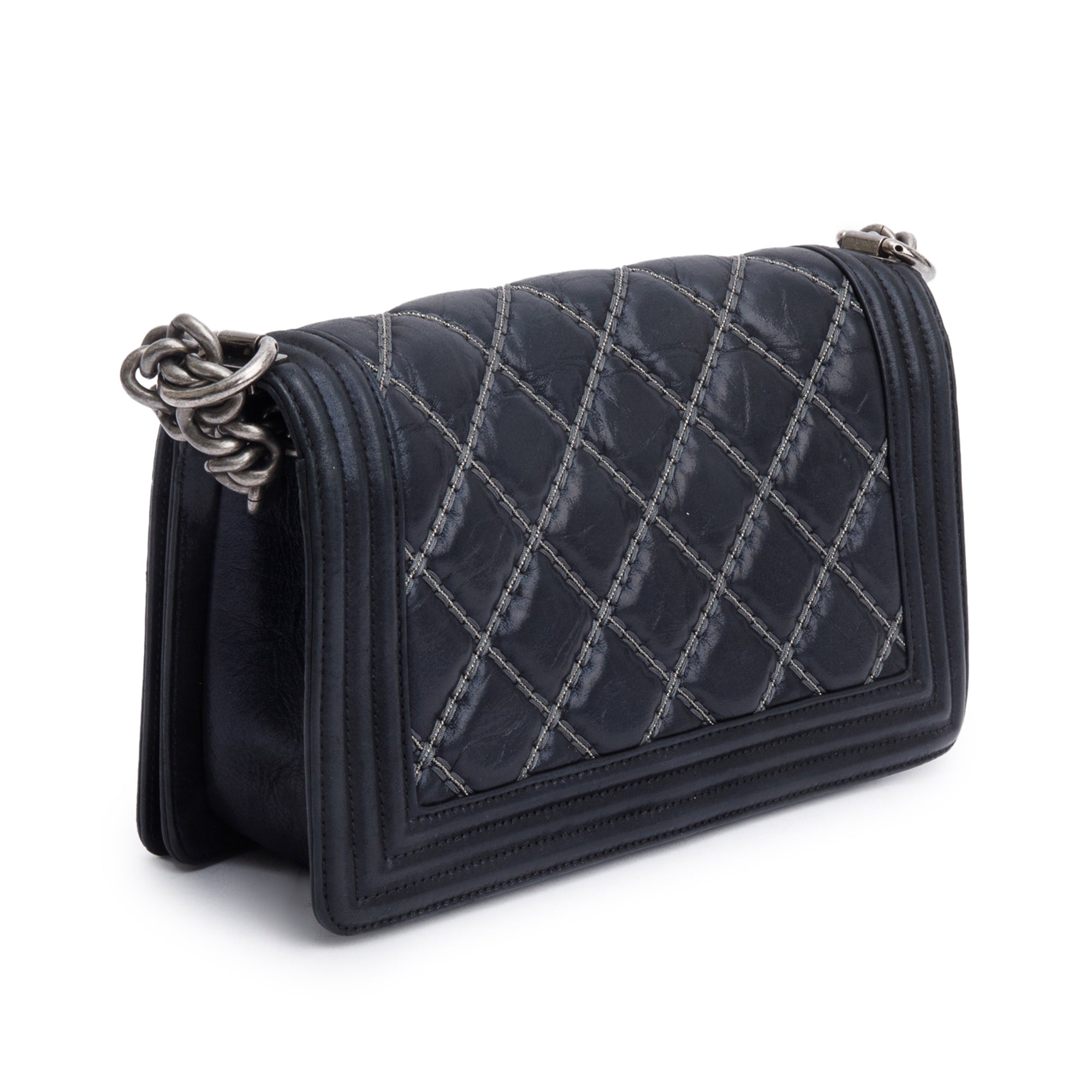 Chanel Black Quilted Iridescent Calfskin Leather Medium Beaded Double Stitch Boy Bag