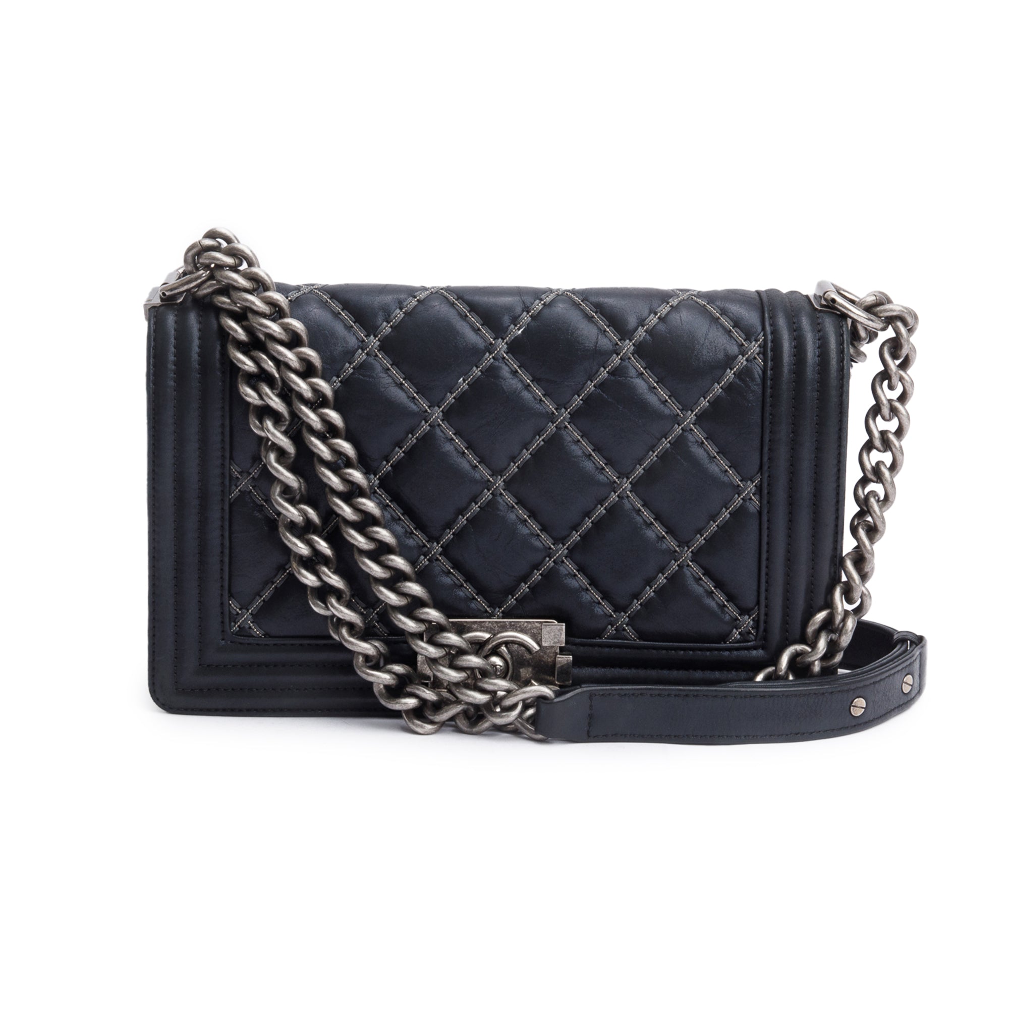 Chanel Black Quilted Iridescent Calfskin Leather Medium Beaded Double Stitch Boy Bag