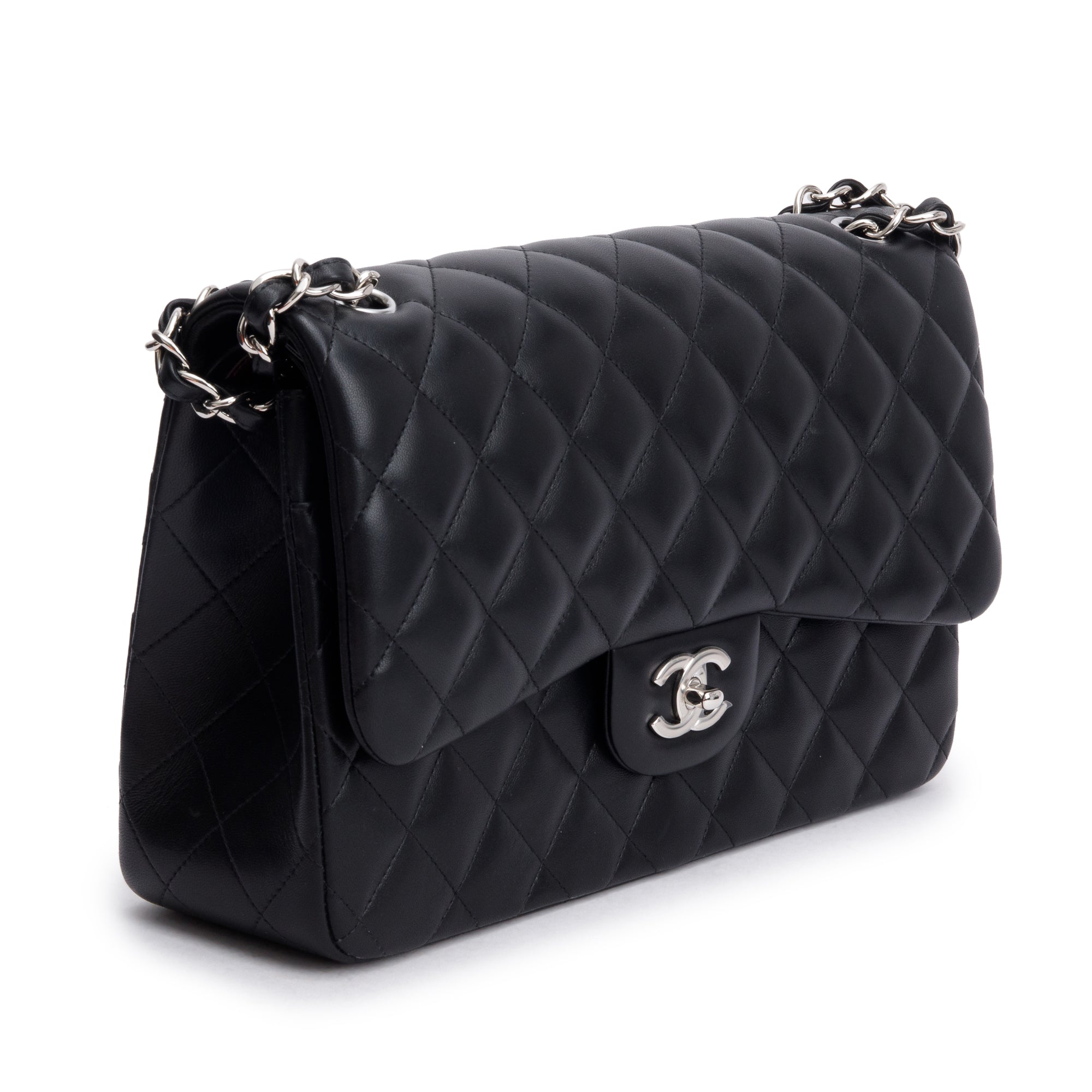 Chanel Black Quilted Lambskin Leather Classic Jumbo Double Flap Bag w/ Authenticity Card