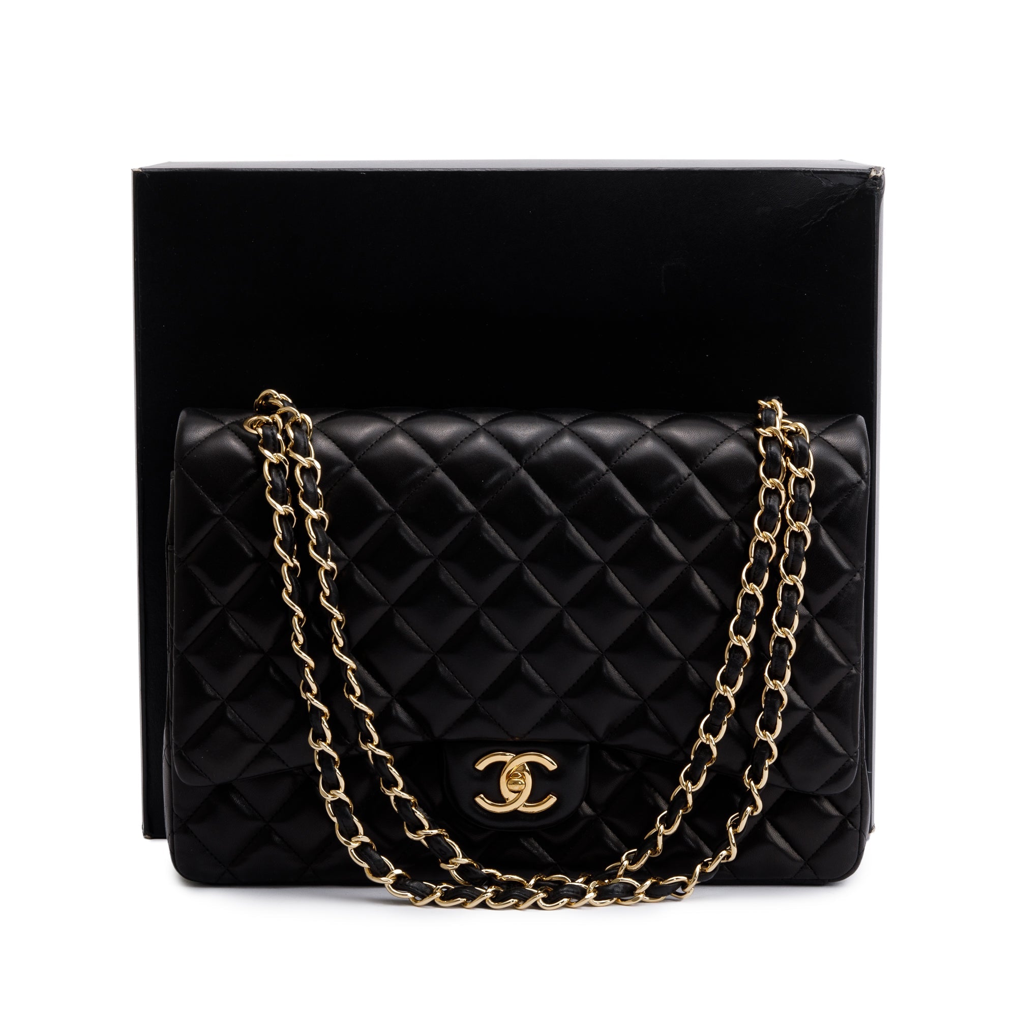 Chanel Black Quilted Lambskin Leather Classic Maxi Double Flap Bag w/ Box & Authenticity Card
