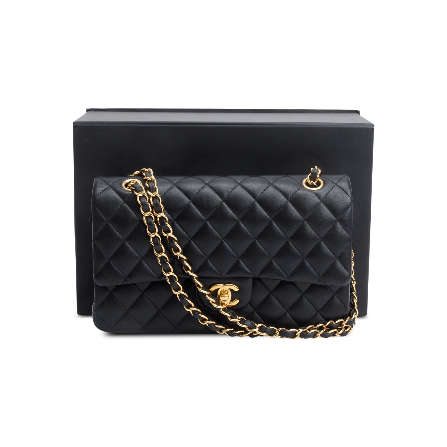 Chanel Black Quilted Lambskin Leather Classic Medium Double Flap Bag w/ Box & Authenticity Card
