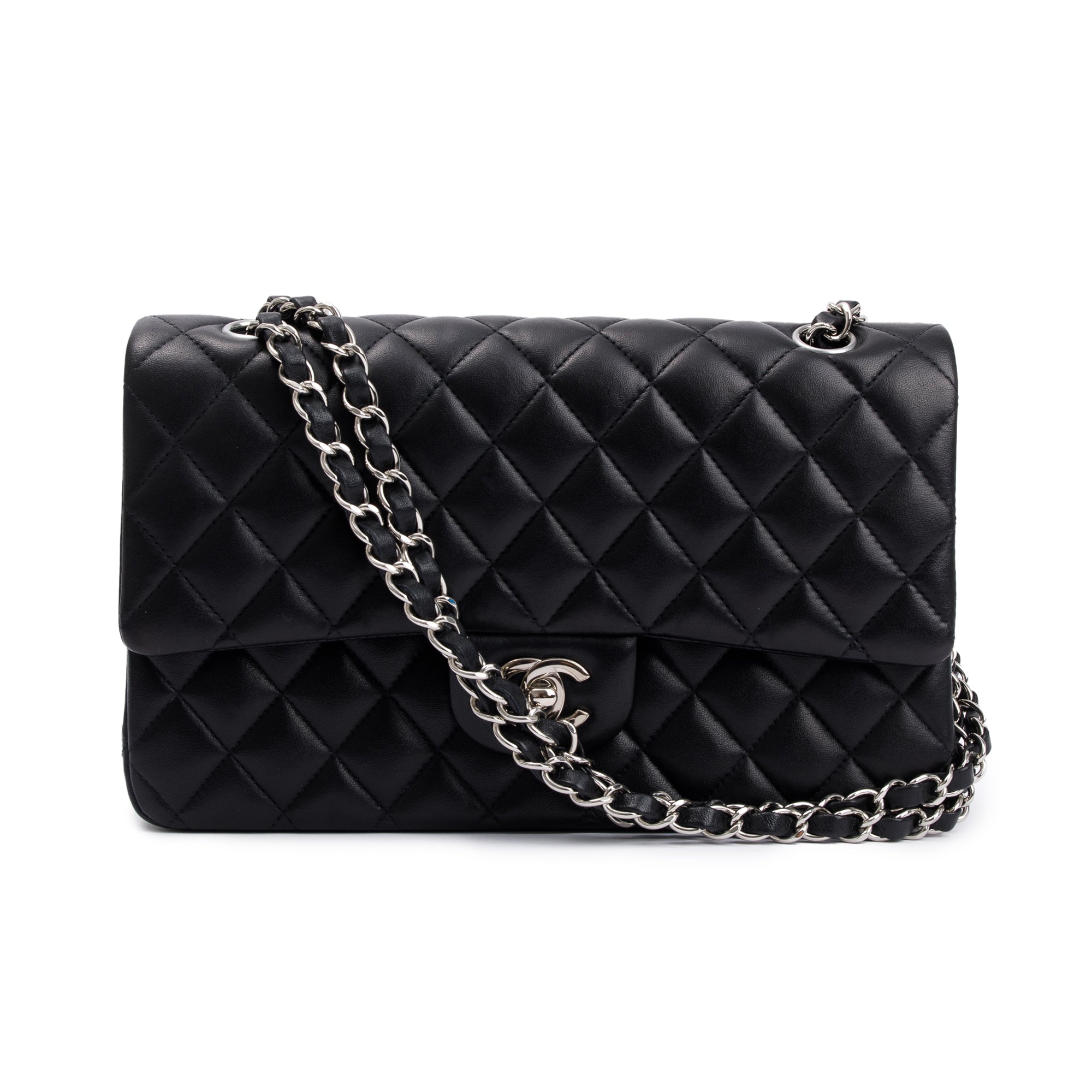 Chanel Black Quilted Lambskin Leather Classic Medium Double Flap Bag w/ Box, Receipt & Authenticity Card
