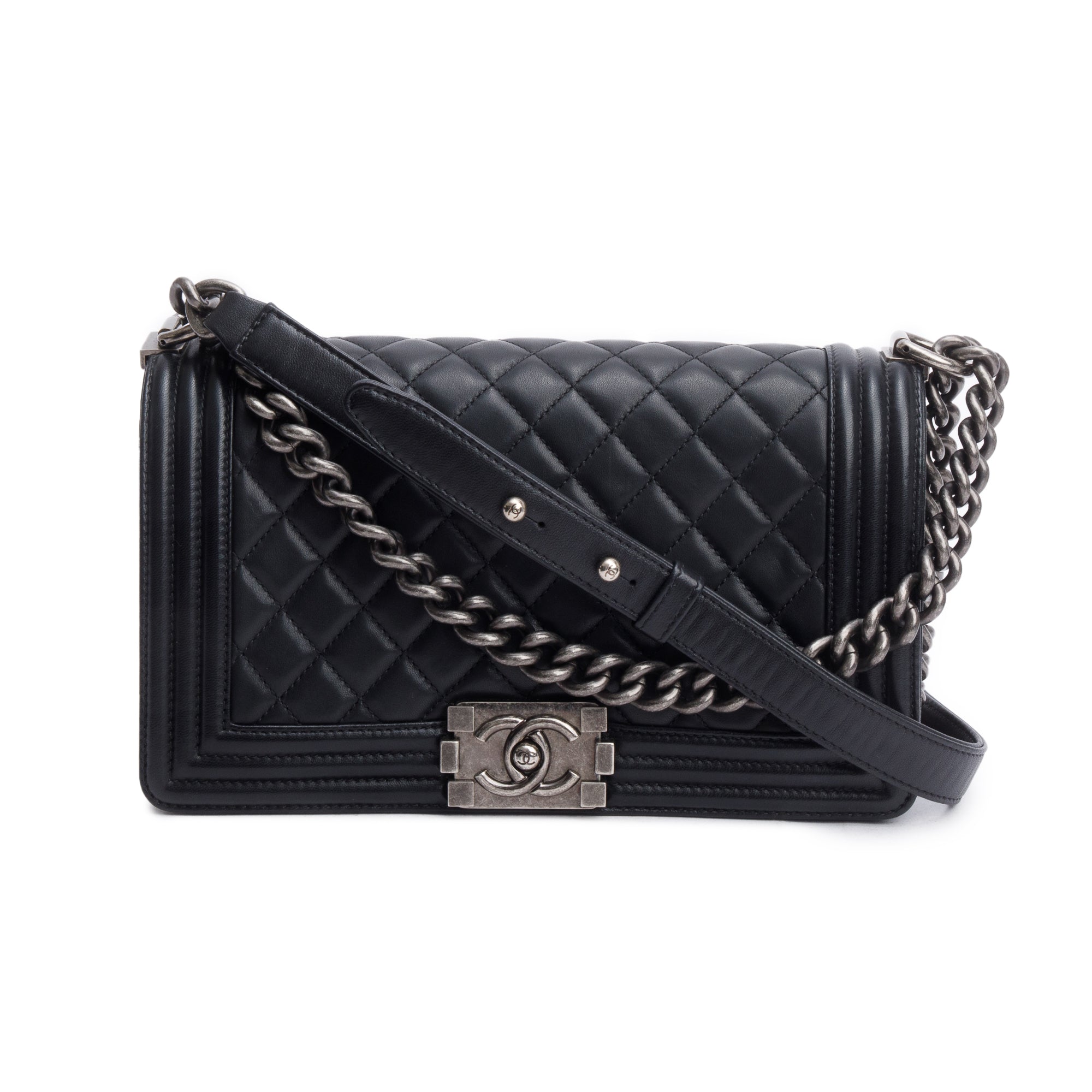 Chanel Black Quilted Lambskin Leather Medium Boy Bag w/ Authenticity Card